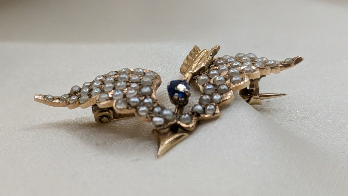 Adorable Antique Victorian Edwardian Pearl Wings Brooch with Arrow and Stone 10k Gold