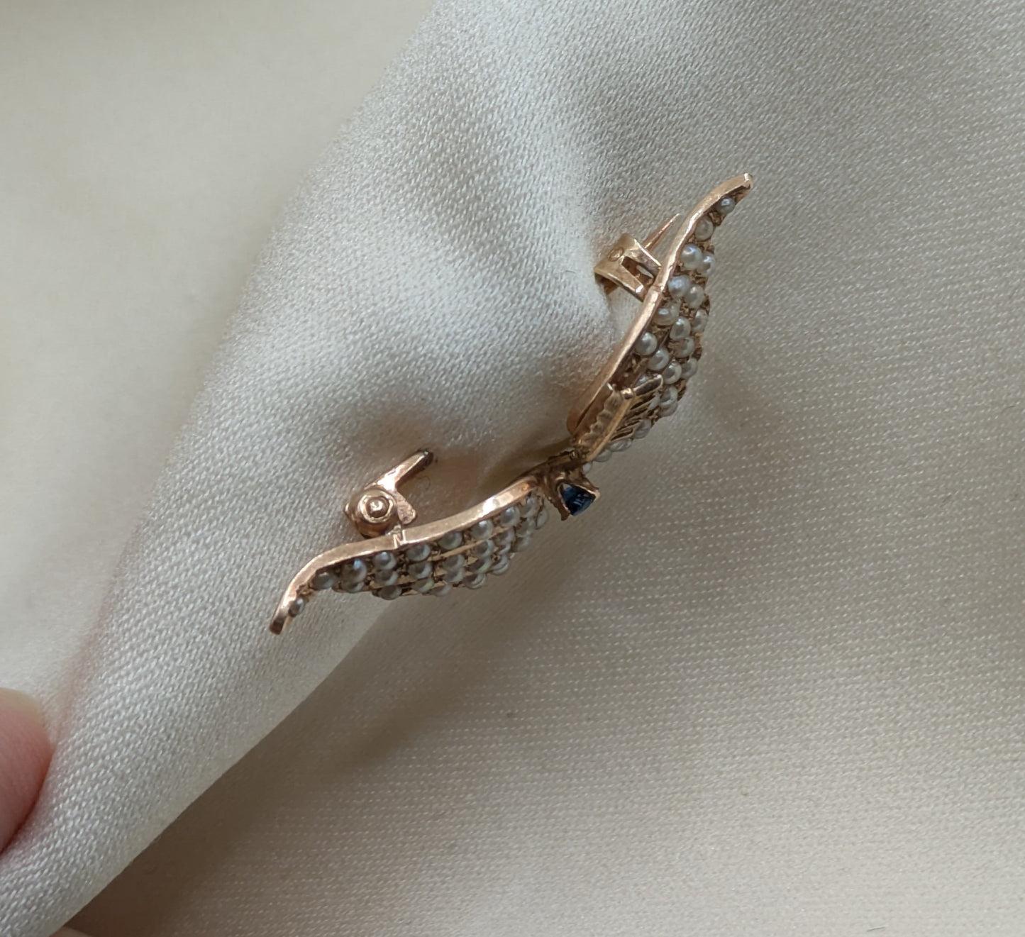 Adorable Antique Victorian Edwardian Pearl Wings Brooch with Arrow and Stone 10k Gold