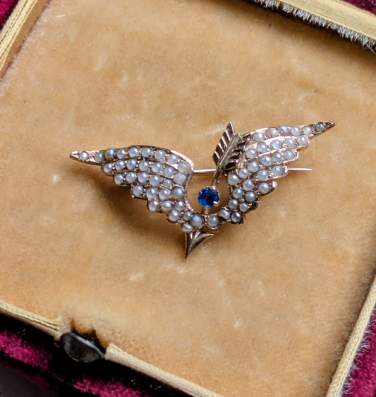 Adorable Antique Victorian Edwardian Pearl Wings Brooch with Arrow and Stone 10k Gold