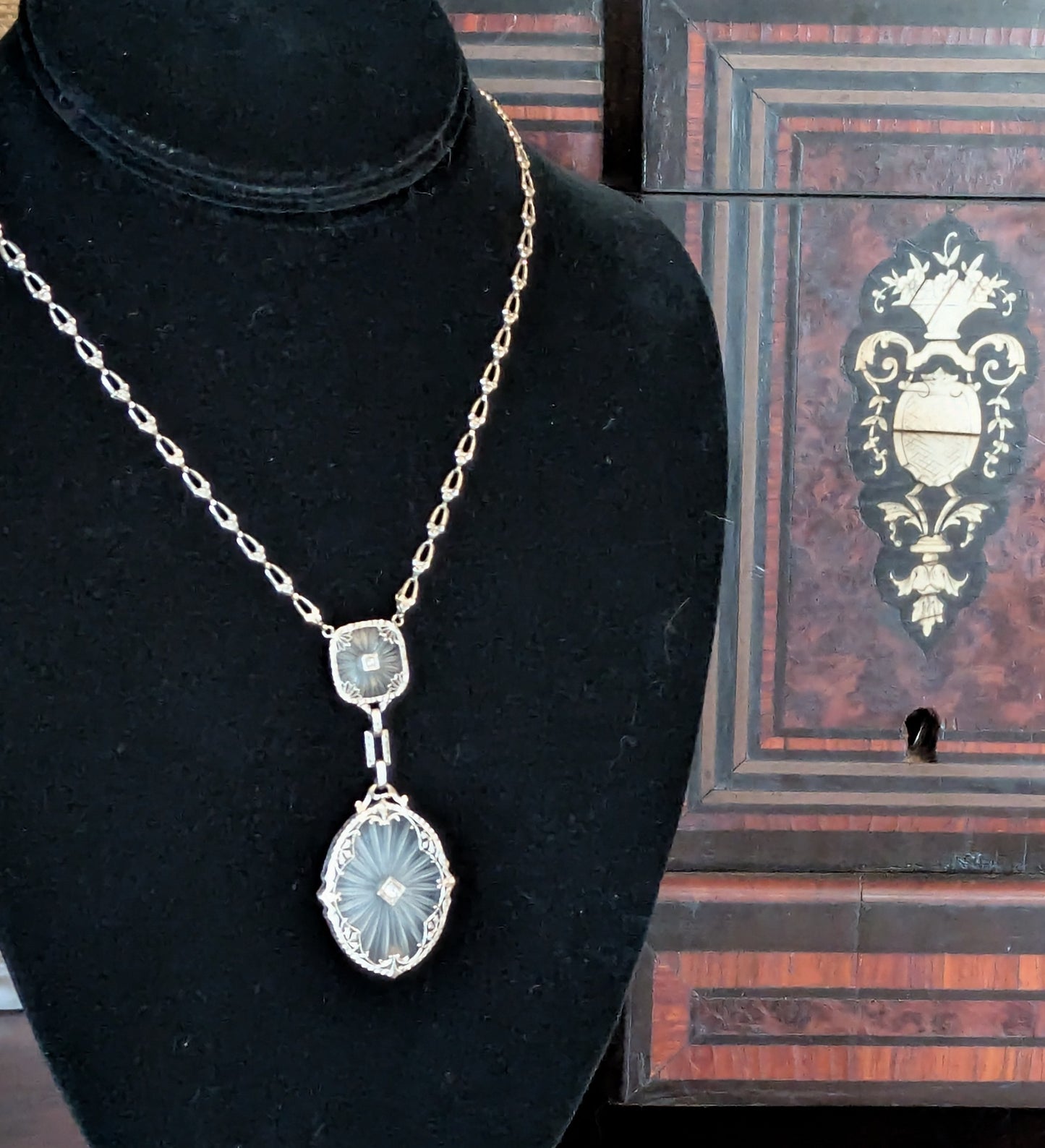 Antique Art Deco 14k White Gold Necklace with Rock Crystal and Diamonds