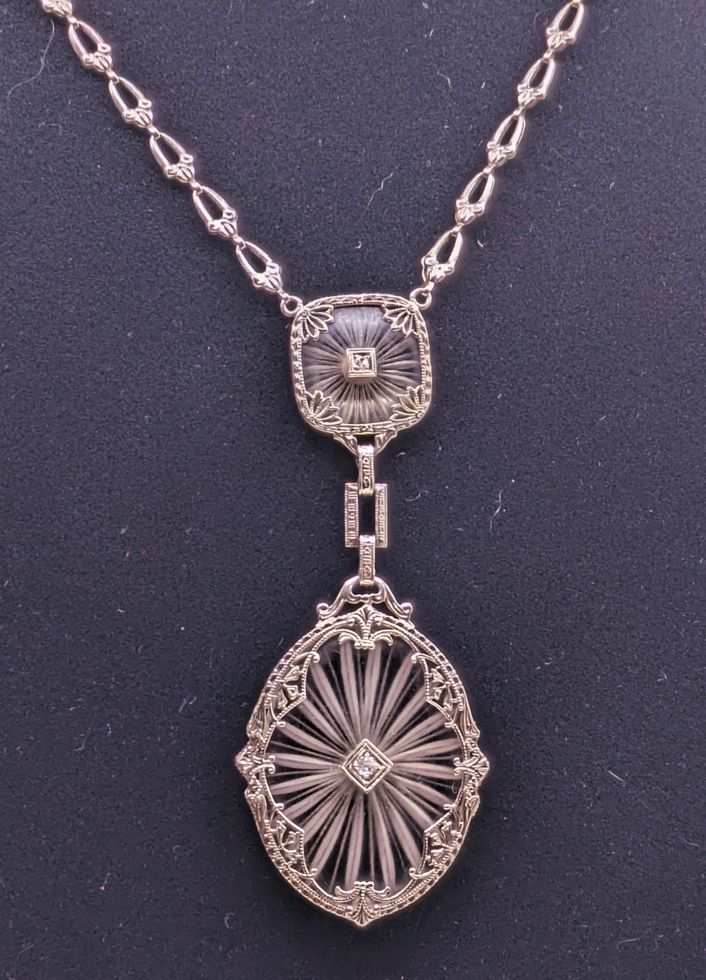 Antique Art Deco 14k White Gold Necklace with Rock Crystal and Diamonds