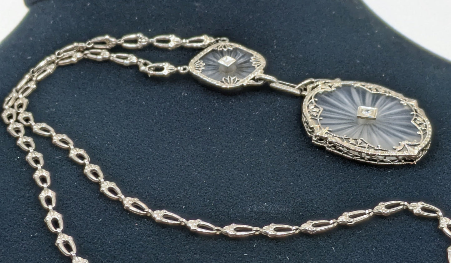 Antique Art Deco 14k White Gold Necklace with Rock Crystal and Diamonds