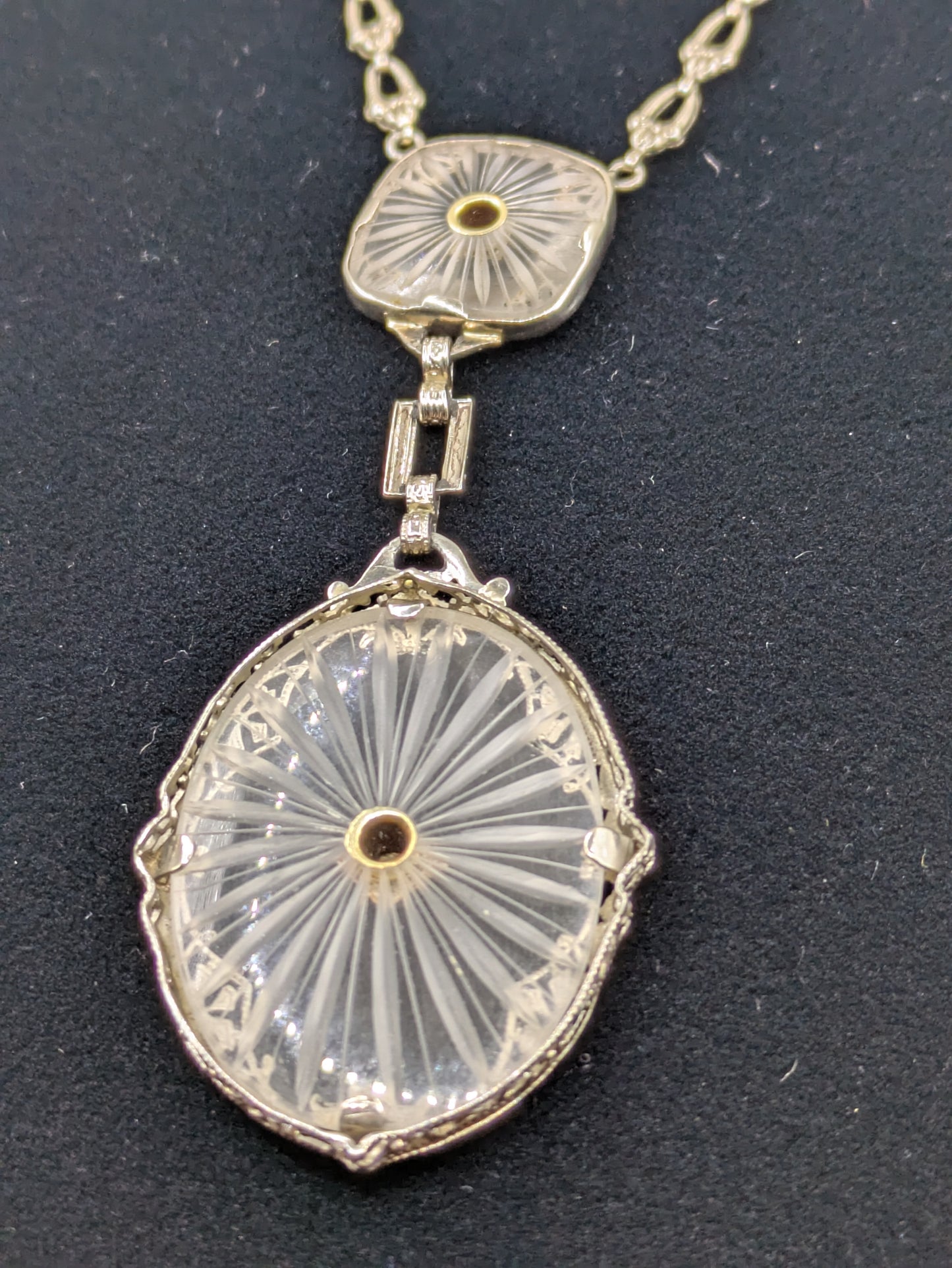 Antique Art Deco 14k White Gold Necklace with Rock Crystal and Diamonds