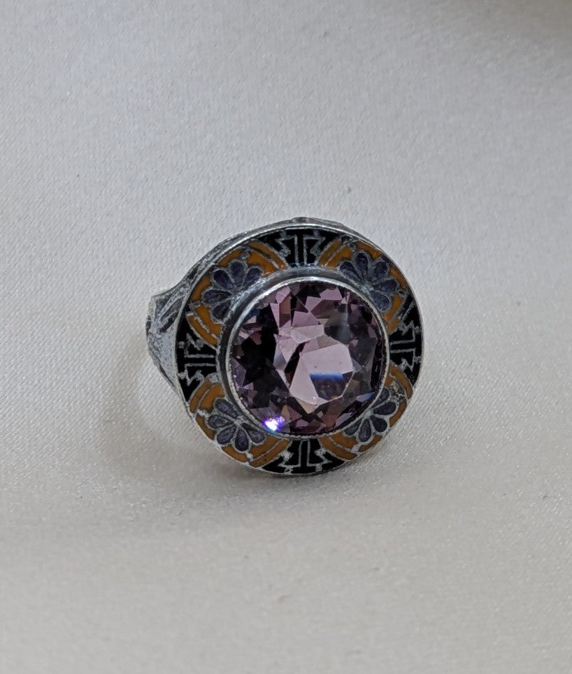 Art Deco Sterling, Enamel and Purple Stone Pinky Ring