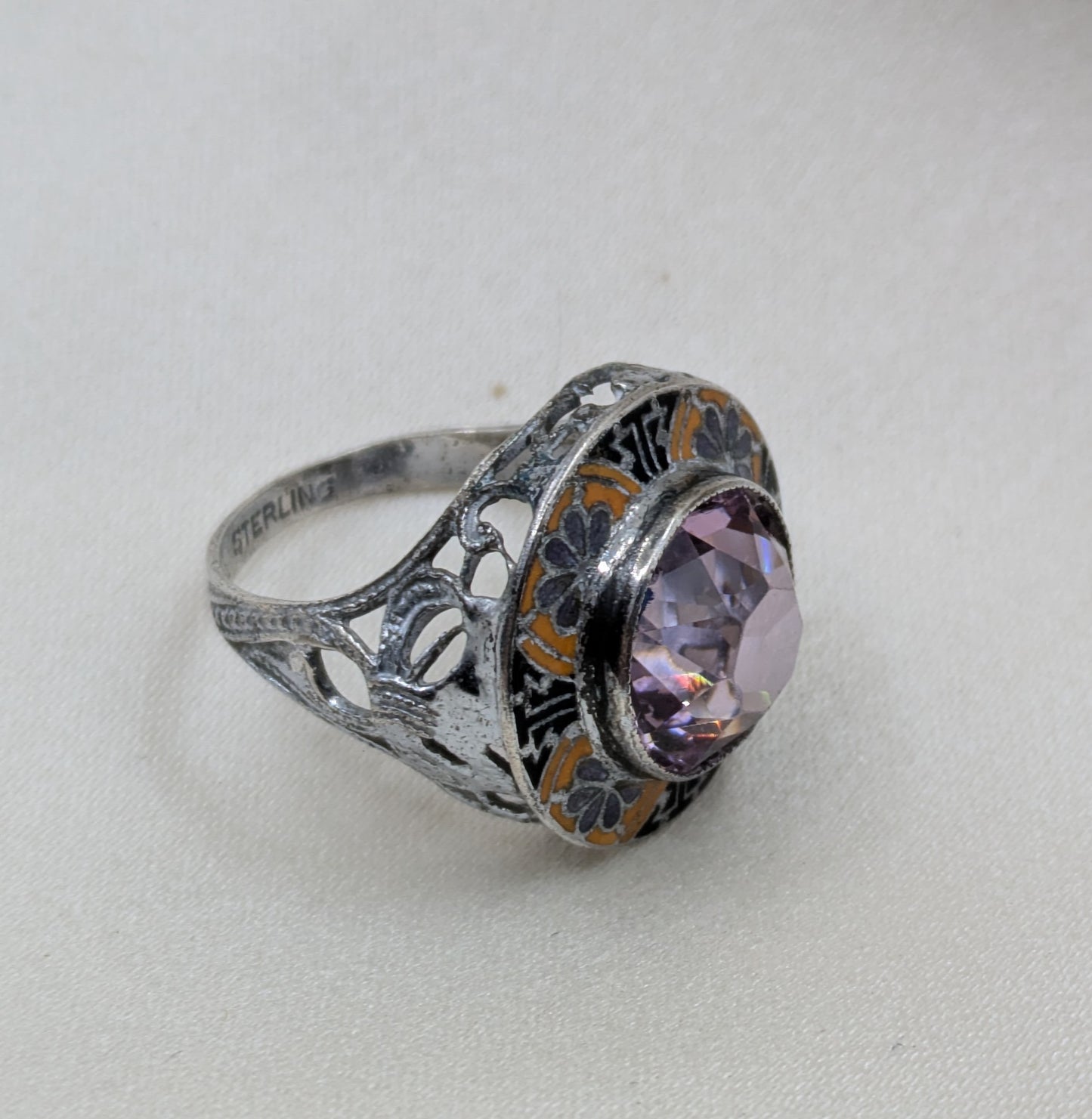 Art Deco Sterling, Enamel and Purple Stone Pinky Ring