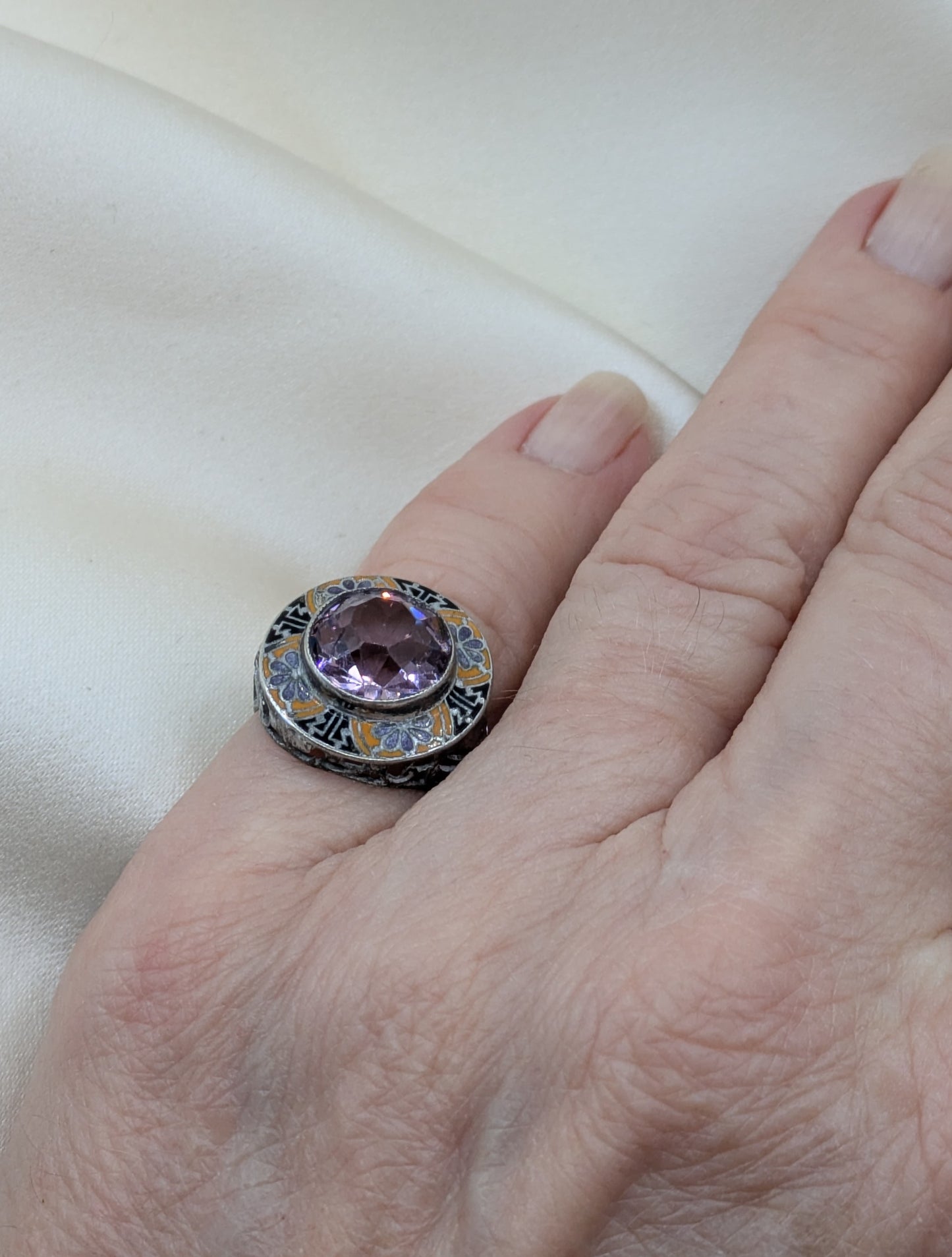 Art Deco Sterling, Enamel and Purple Stone Pinky Ring