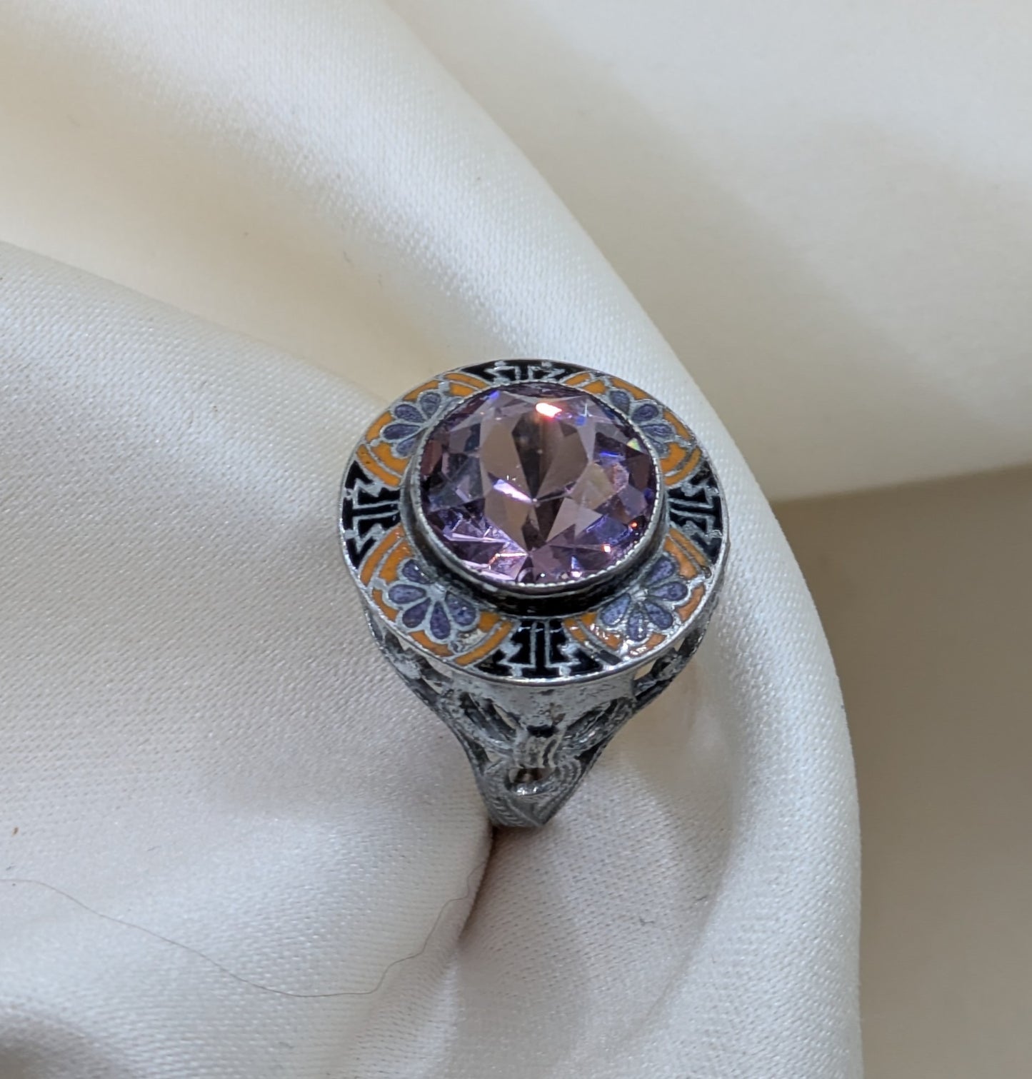 Art Deco Sterling, Enamel and Purple Stone Pinky Ring