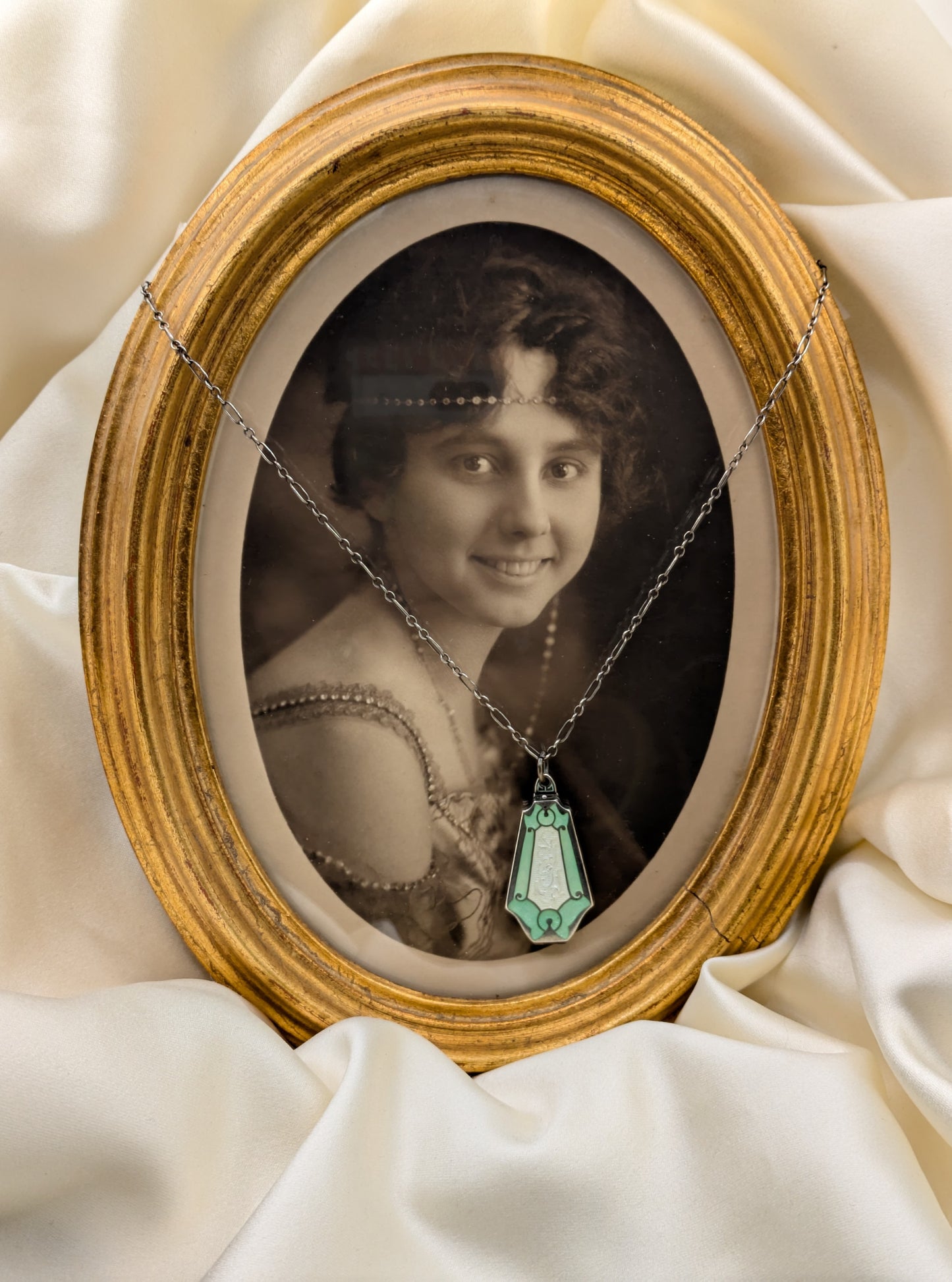 Art Deco Aqua Enamel Locket Sterling Silver