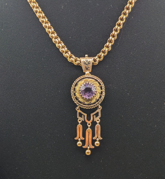 Antique Victorian Two Tone Gold Pendant and Chain, Amethyst and Fringe