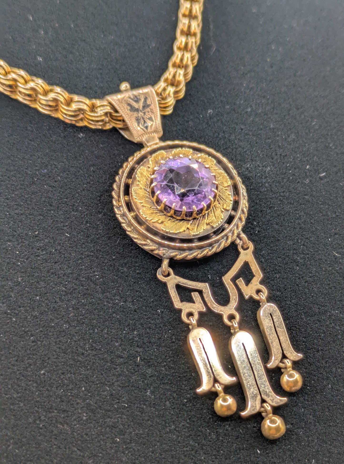 Antique Victorian Two Tone Gold Pendant and Chain, Amethyst and Fringe