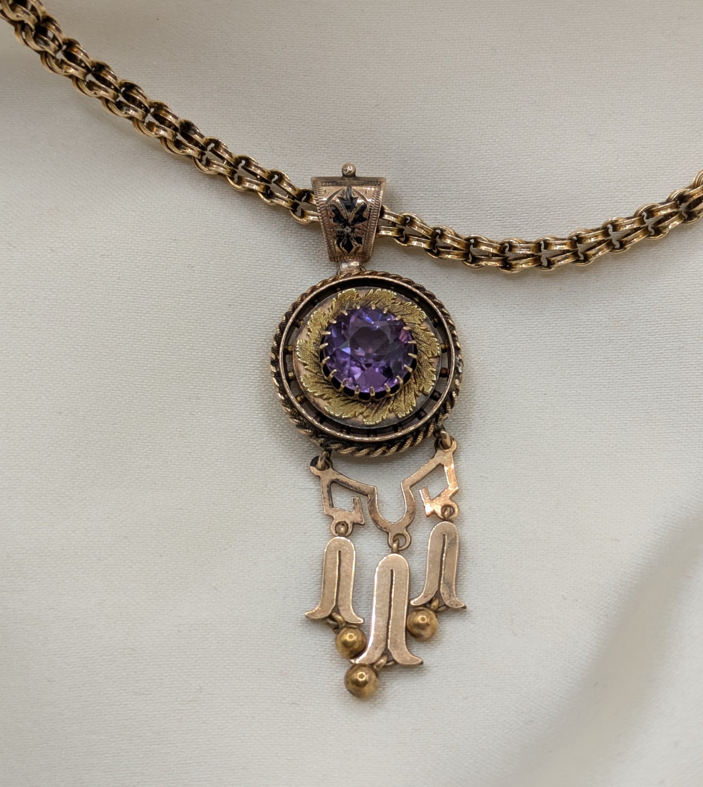Antique Victorian Two Tone Gold Pendant and Chain, Amethyst and Fringe