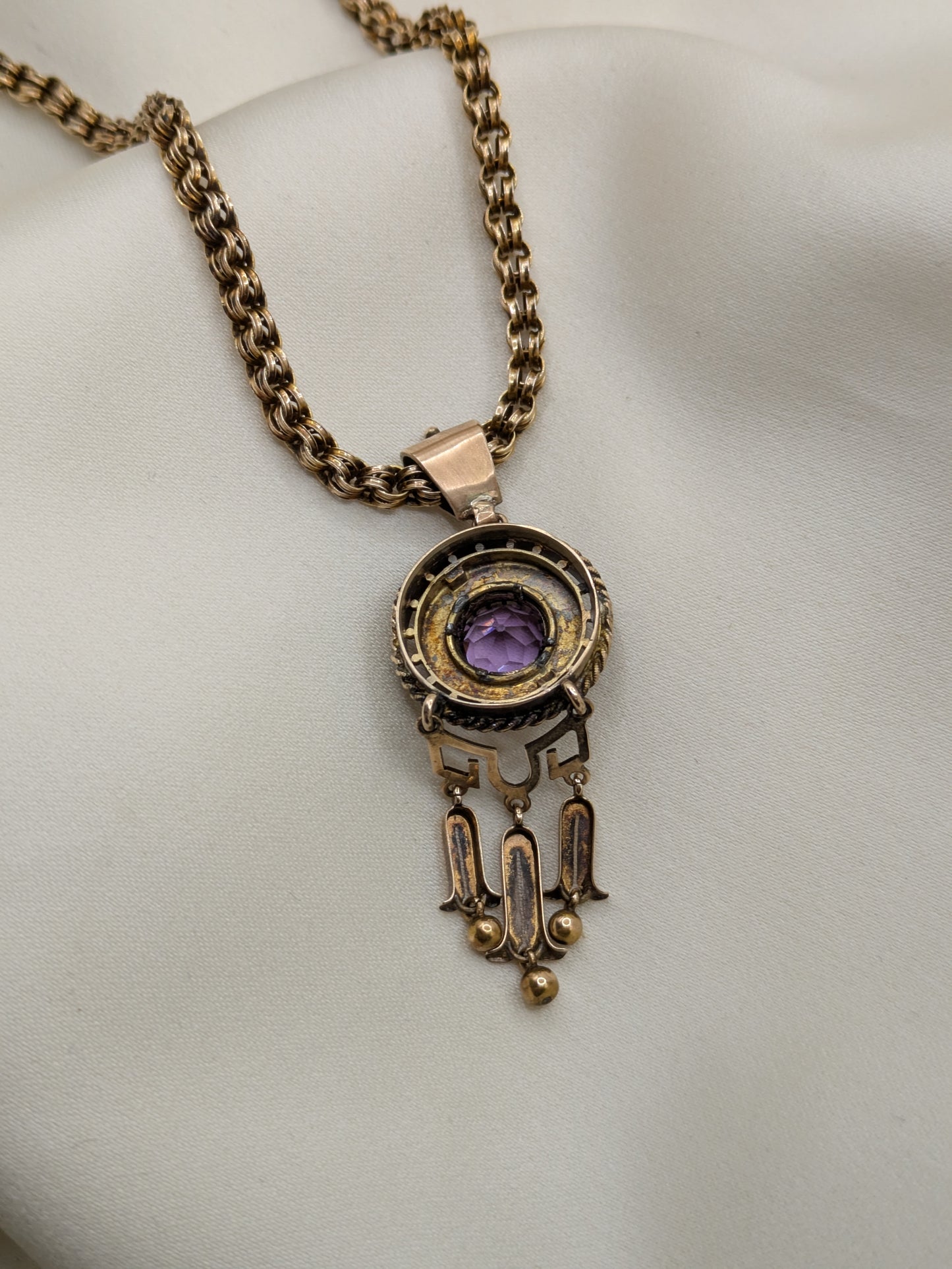 Antique Victorian Two Tone Gold Pendant and Chain, Amethyst and Fringe