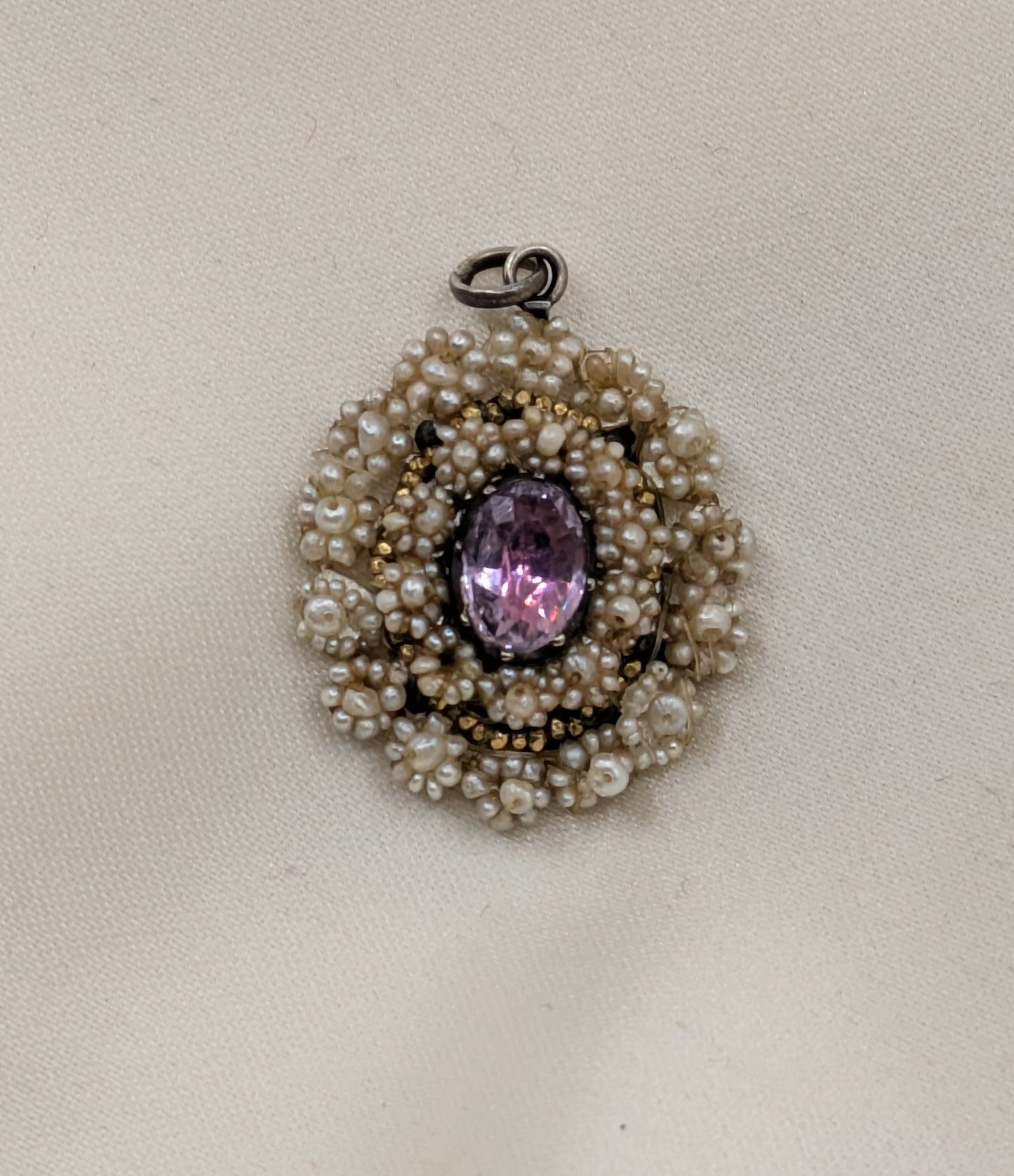 Early Victorian Tiny Seed Pearl Pendant with Foiled Lavender Stone