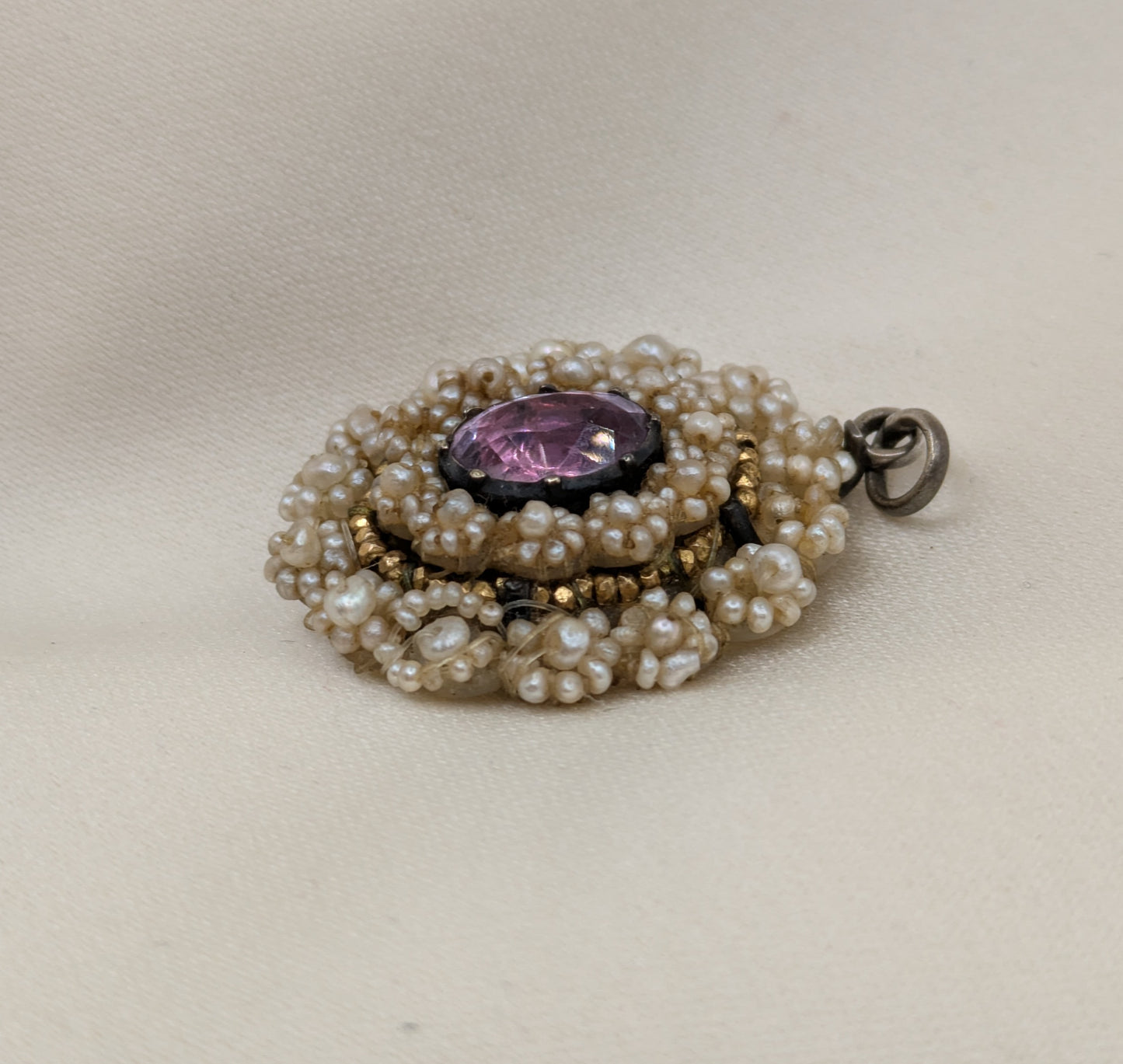 Early Victorian Tiny Seed Pearl Pendant with Foiled Lavender Stone