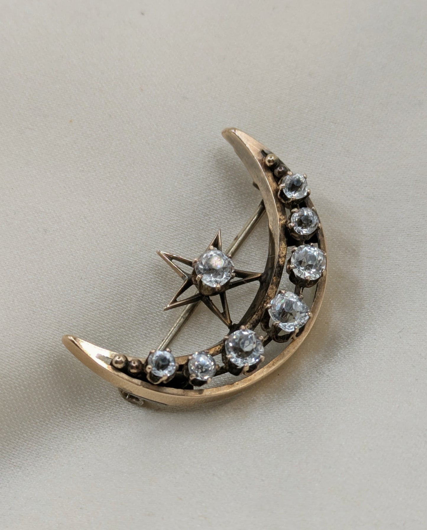 10k Victorian crescent Moon and Star Brooch Mine Cut Pastes