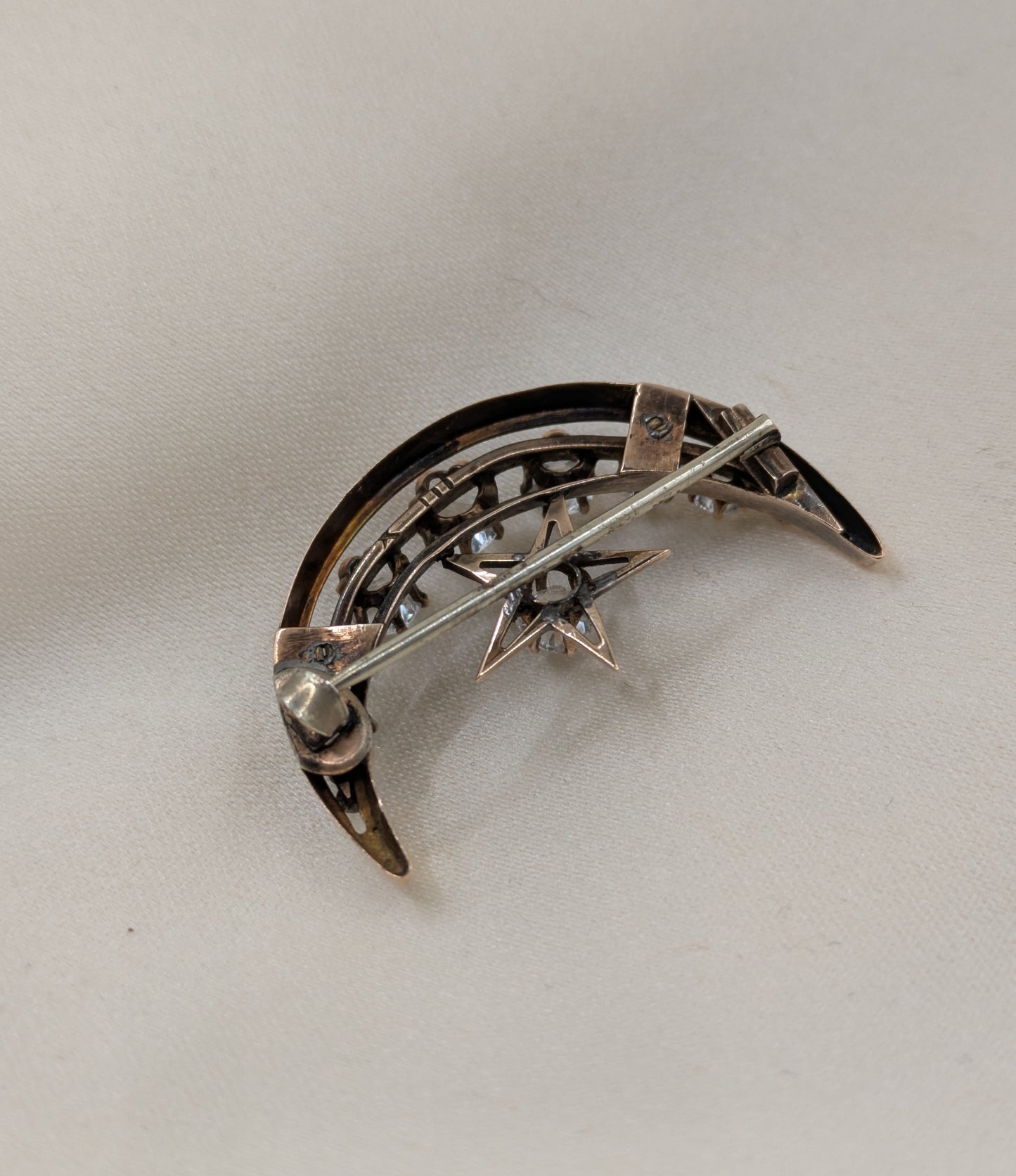 10k Victorian crescent Moon and Star Brooch Mine Cut Pastes