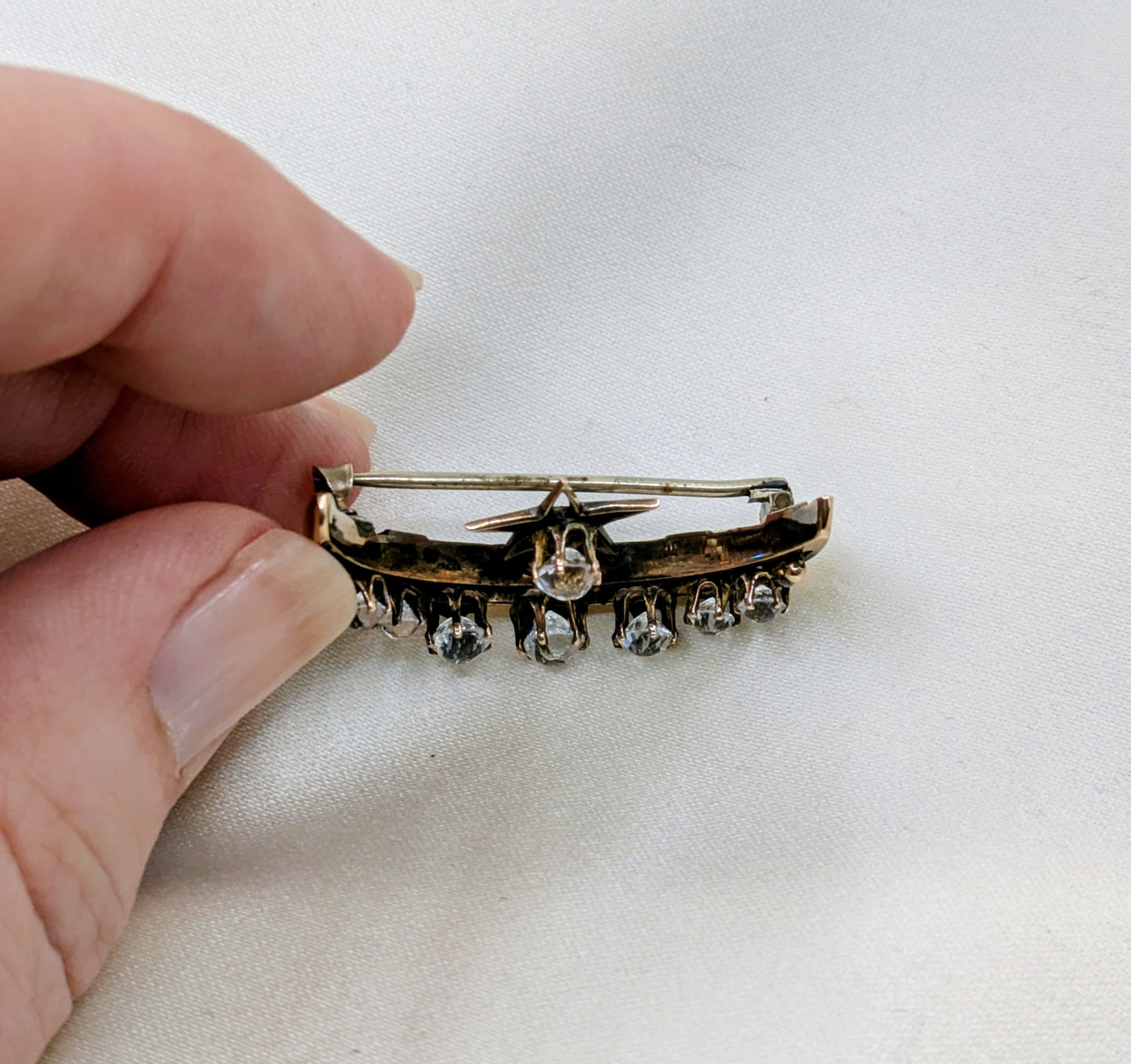 10k Victorian crescent Moon and Star Brooch Mine Cut Pastes