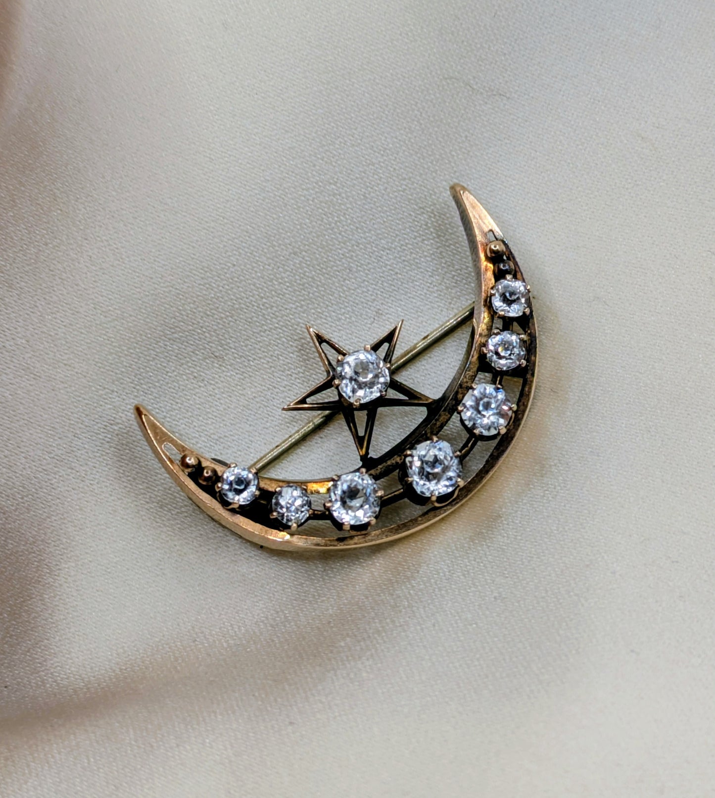 10k Victorian crescent Moon and Star Brooch Mine Cut Pastes