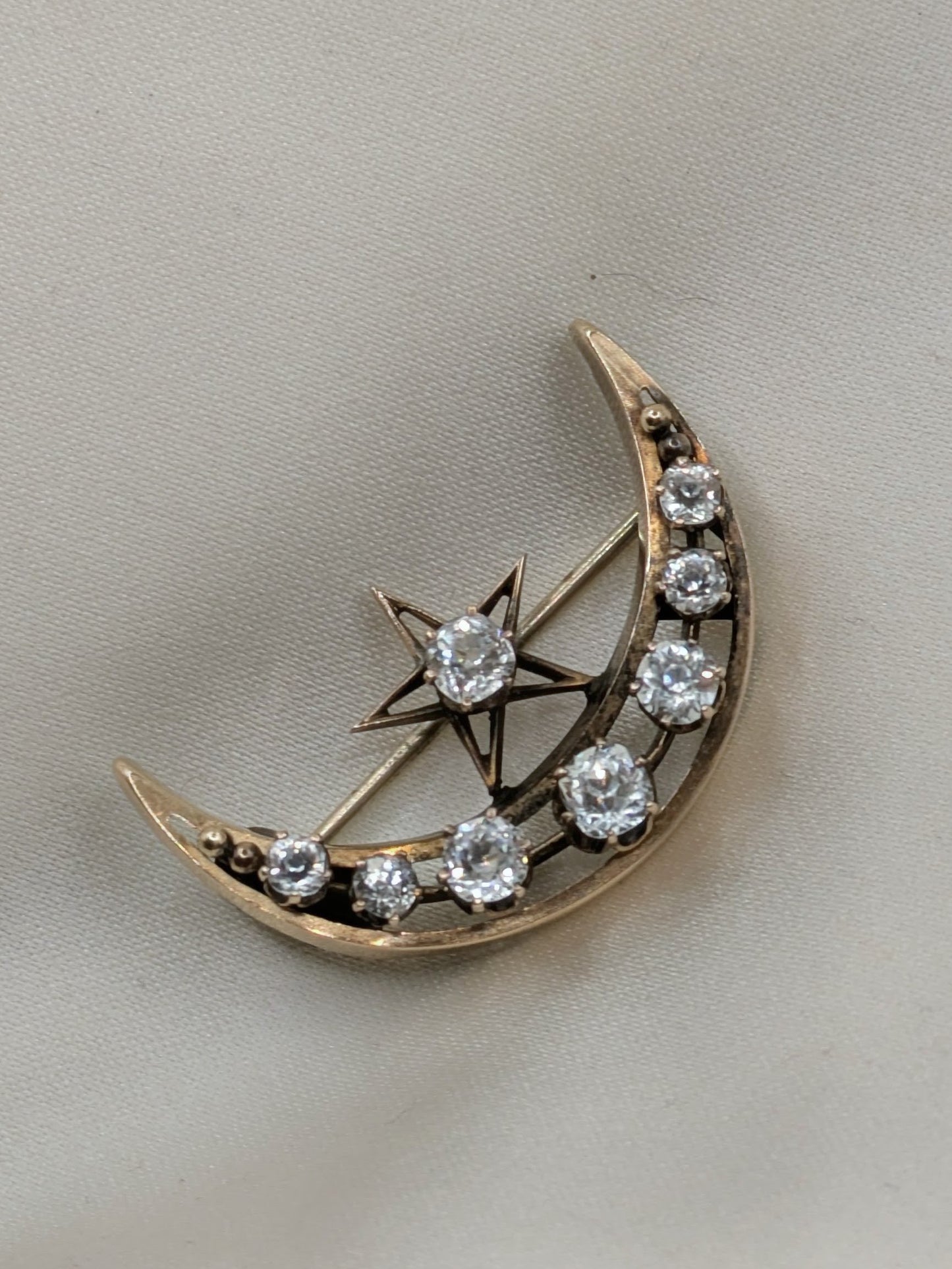 10k Victorian crescent Moon and Star Brooch Mine Cut Pastes