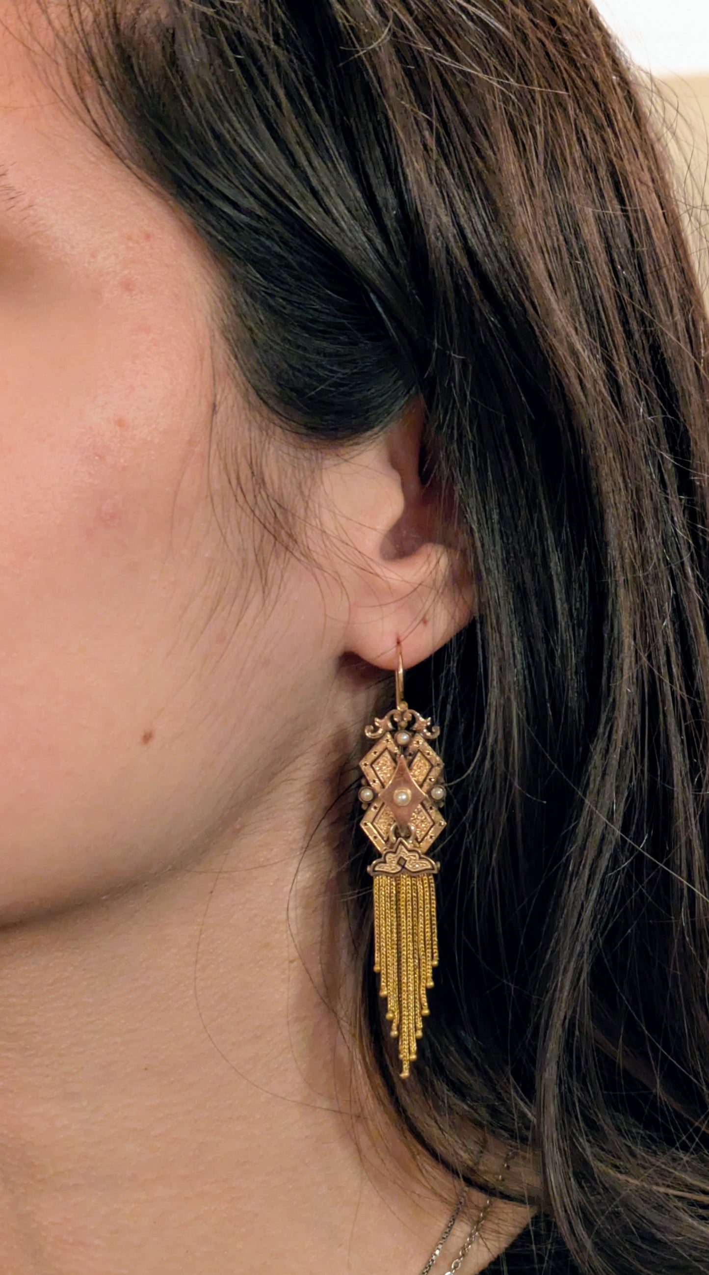 Long and Lovely Victorian 14k Fringe Tassel earrings and Brooch Demi Parure circa 1870