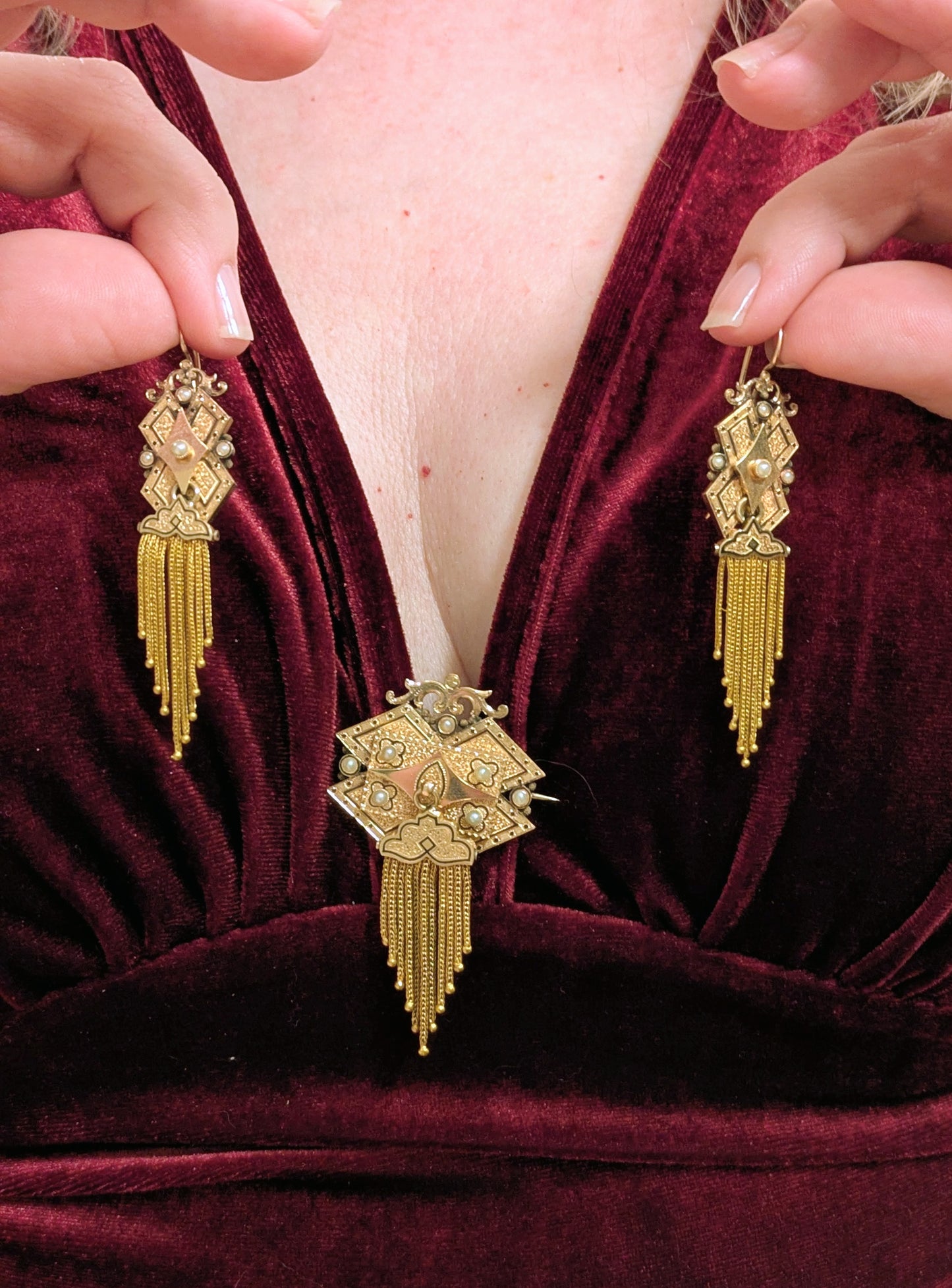 Long and Lovely Victorian 14k Fringe Tassel earrings and Brooch Demi Parure circa 1870