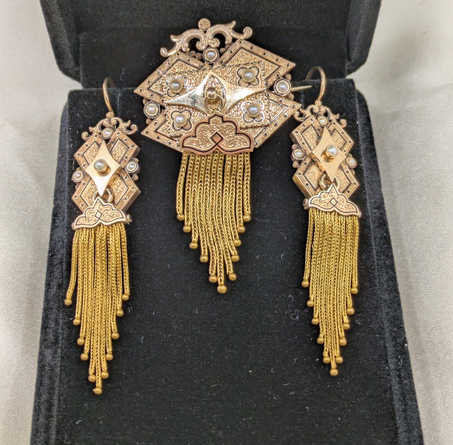 Long and Lovely Victorian 14k Fringe Tassel earrings and Brooch Demi Parure circa 1870