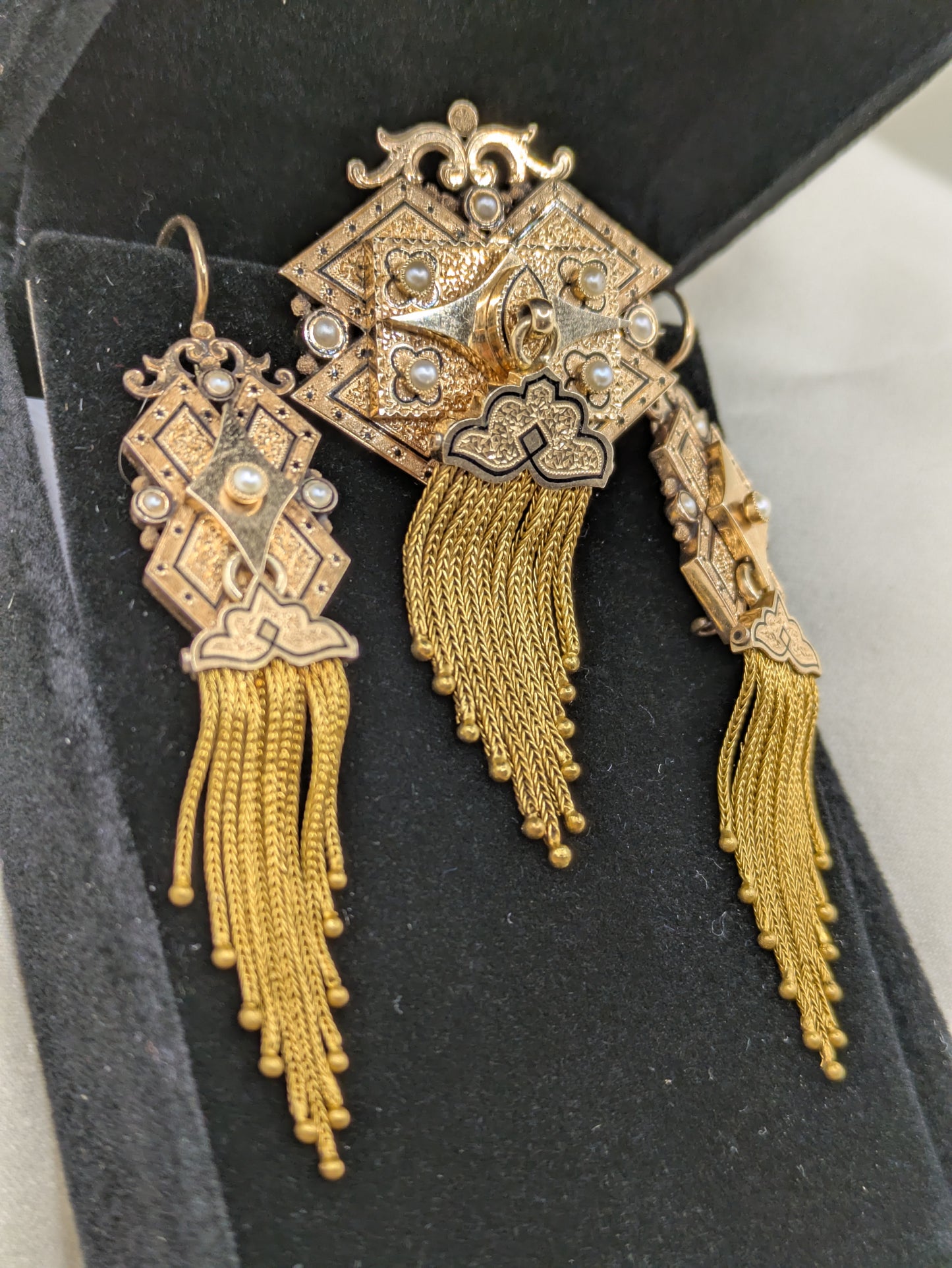 Long and Lovely Victorian 14k Fringe Tassel earrings and Brooch Demi Parure circa 1870