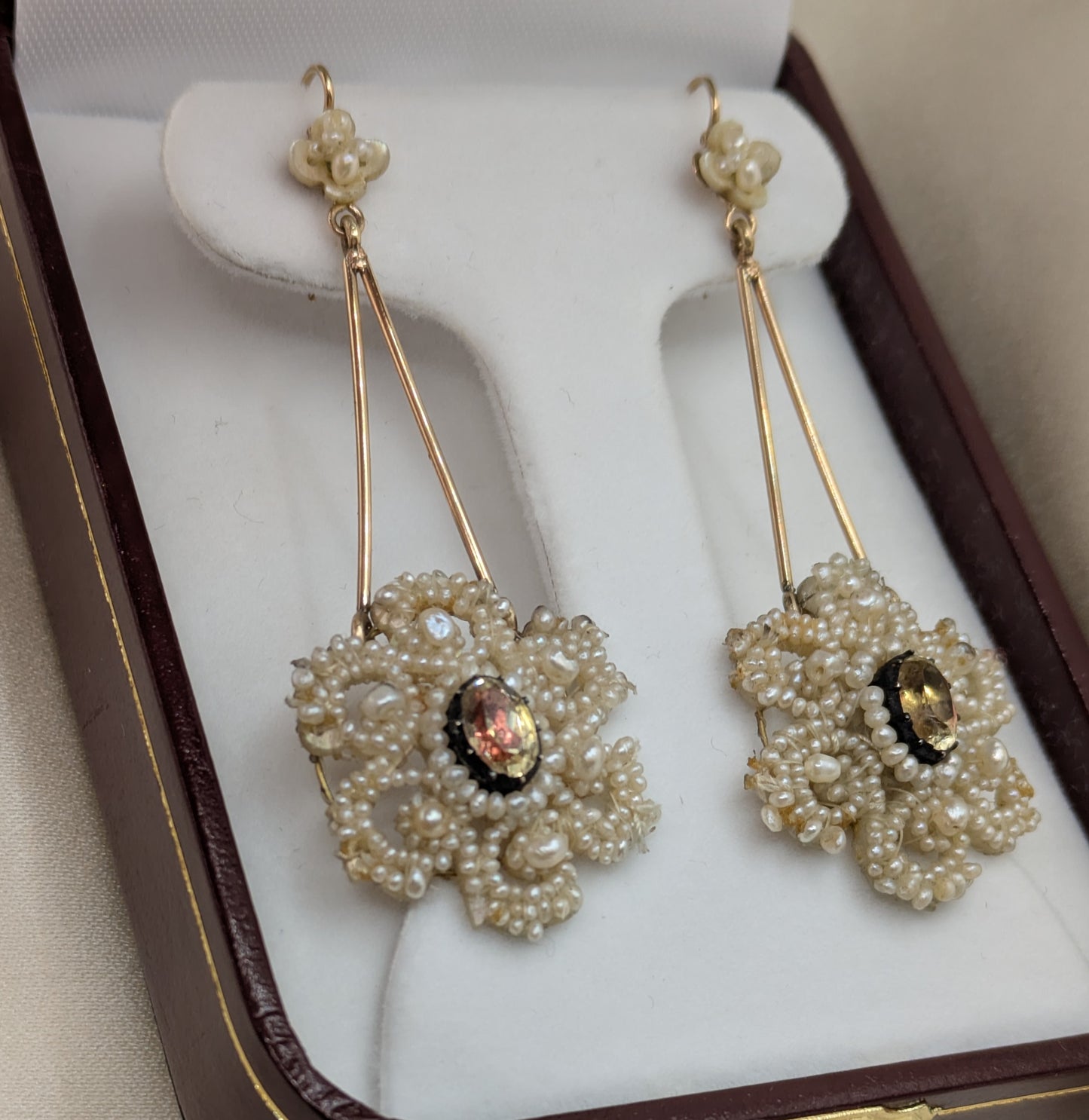 Circa 1830 Georgian Seed Pearl Earrings with Foiled Stones, Gold