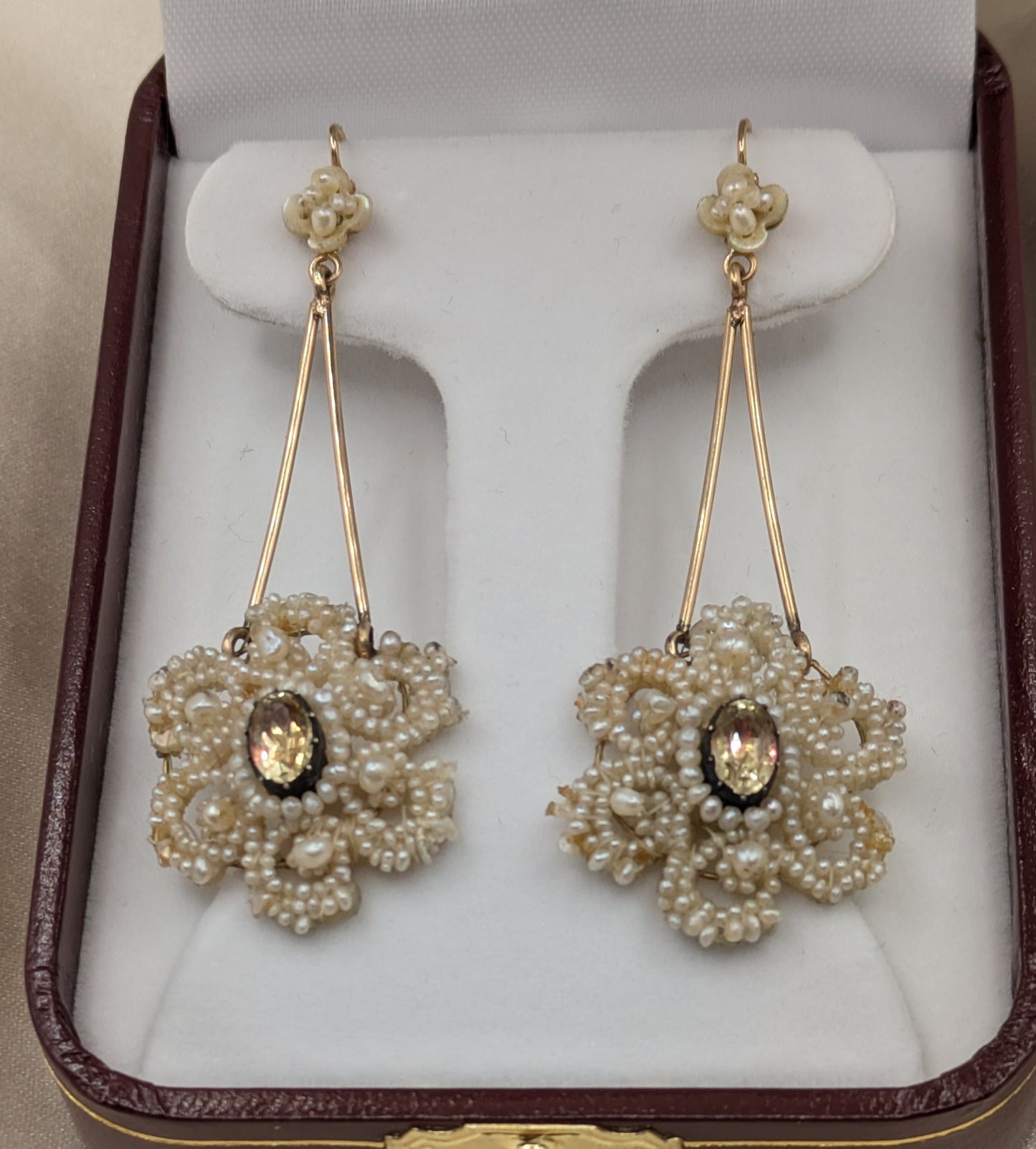 Circa 1830 Georgian Seed Pearl Earrings with Foiled Stones, Gold