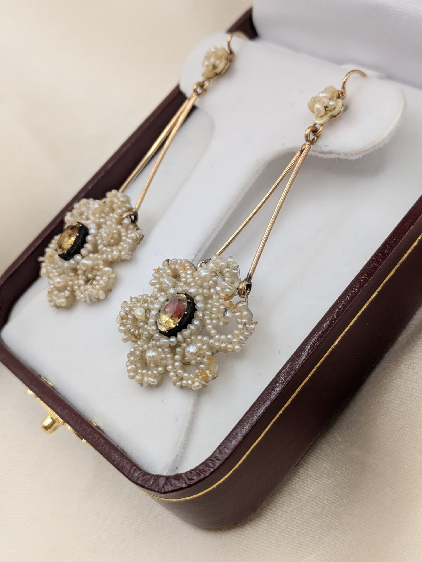 Circa 1830 Georgian Seed Pearl Earrings with Foiled Stones, Gold