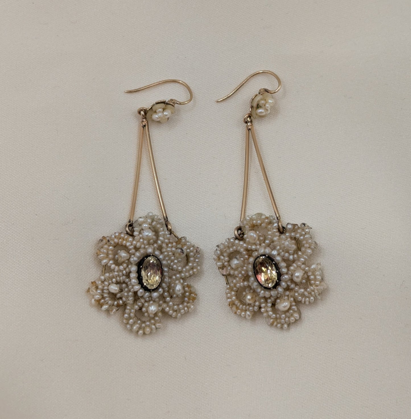 Circa 1830 Georgian Seed Pearl Earrings with Foiled Stones, Gold