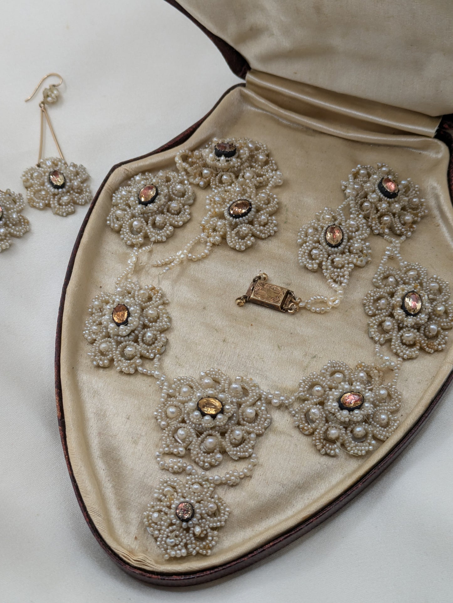 Circa 1830 Georgian Seed Pearl Earrings with Foiled Stones, Gold