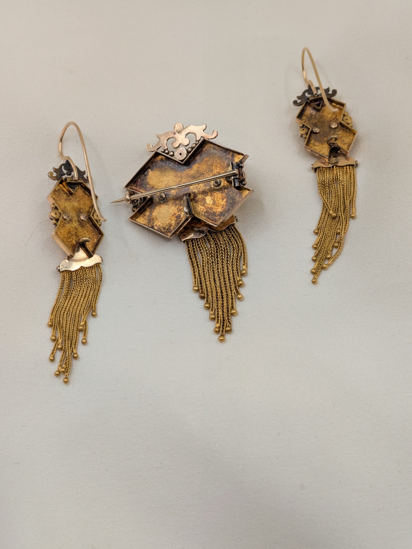 Long and Lovely Victorian 14k Fringe Tassel earrings and Brooch Demi Parure circa 1870