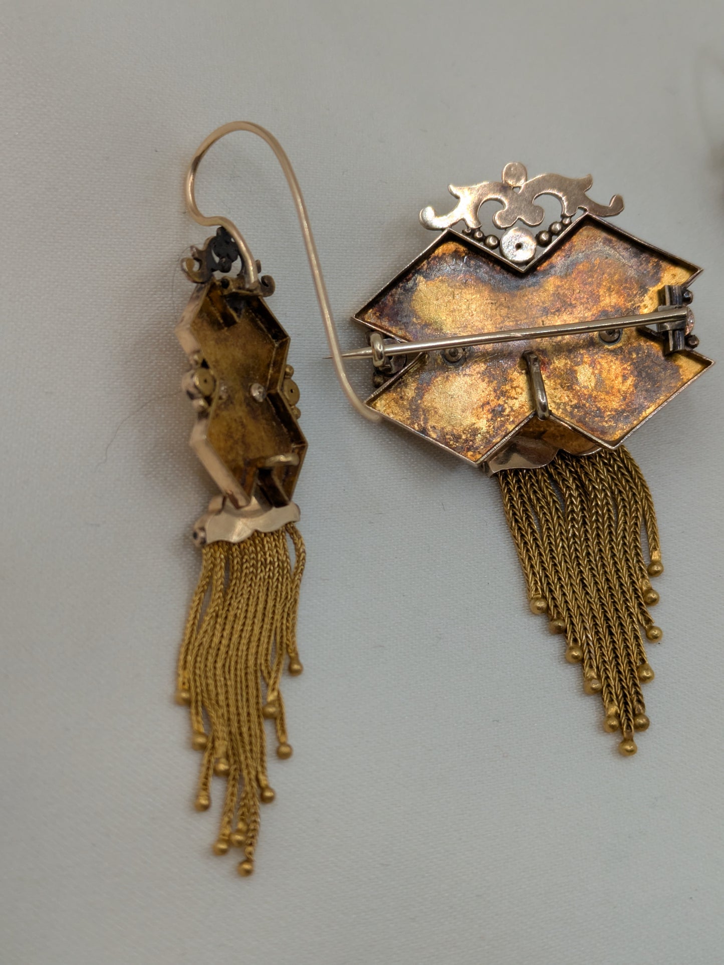 Long and Lovely Victorian 14k Fringe Tassel earrings and Brooch Demi Parure circa 1870