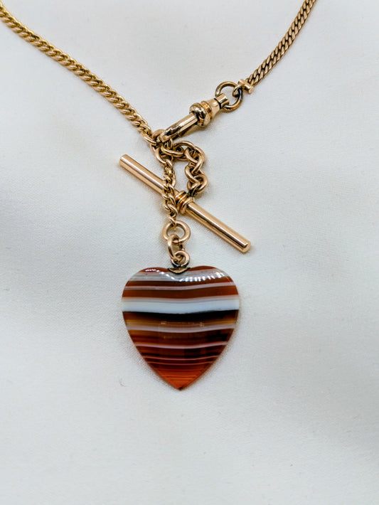 Antique Orange Striped Agate Heart Watch Chain Necklace