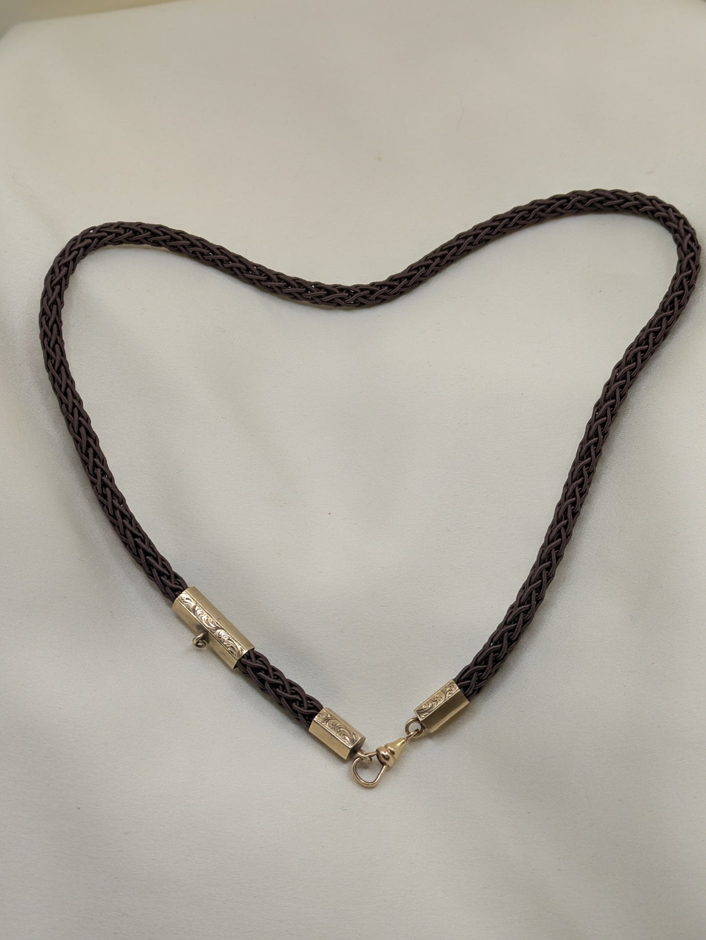 Victorian 14k gold engraved end caps and slide with dog clip and new cord necklace