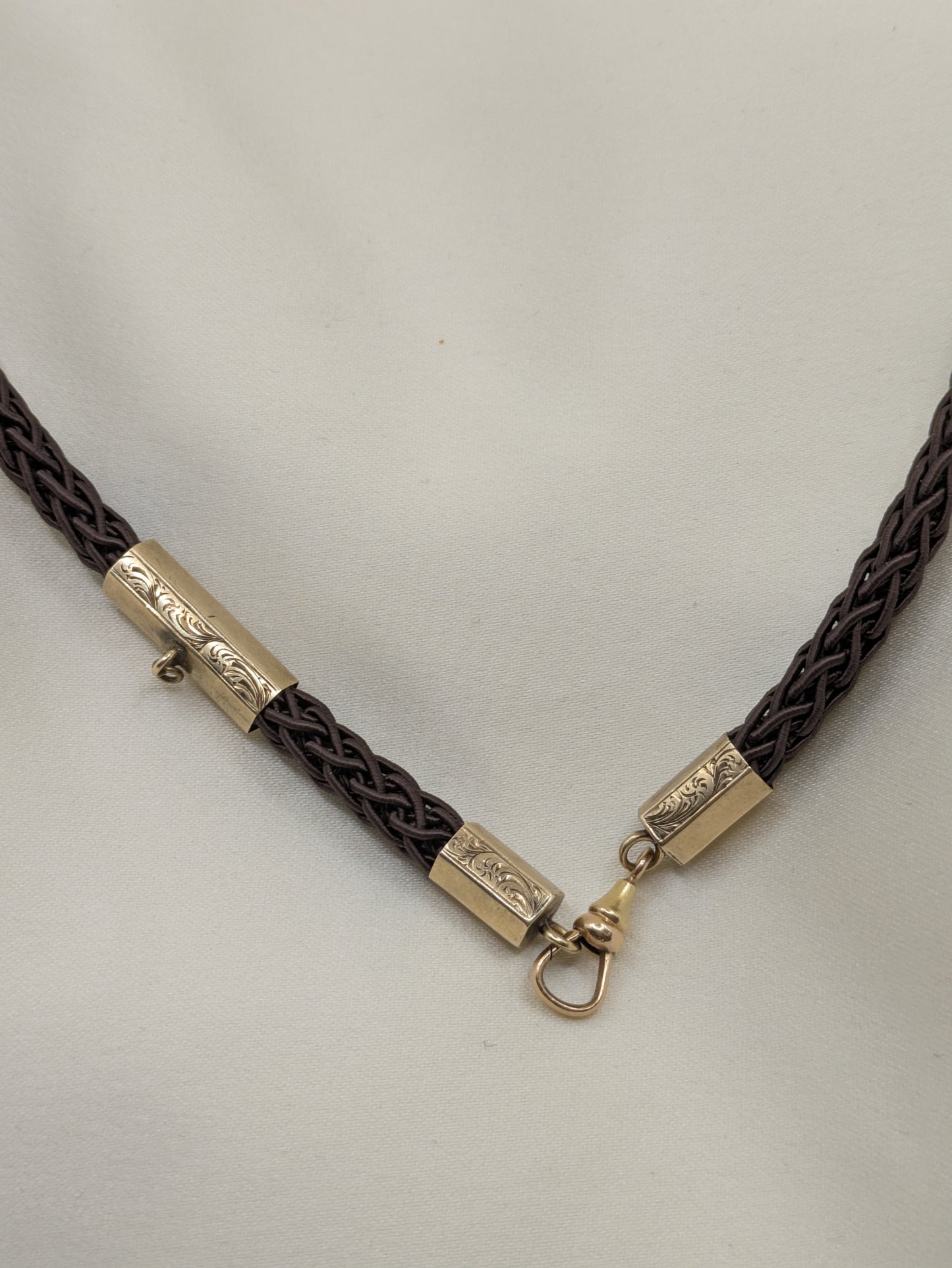 Victorian 14k gold engraved end caps and slide with dog clip and new cord necklace