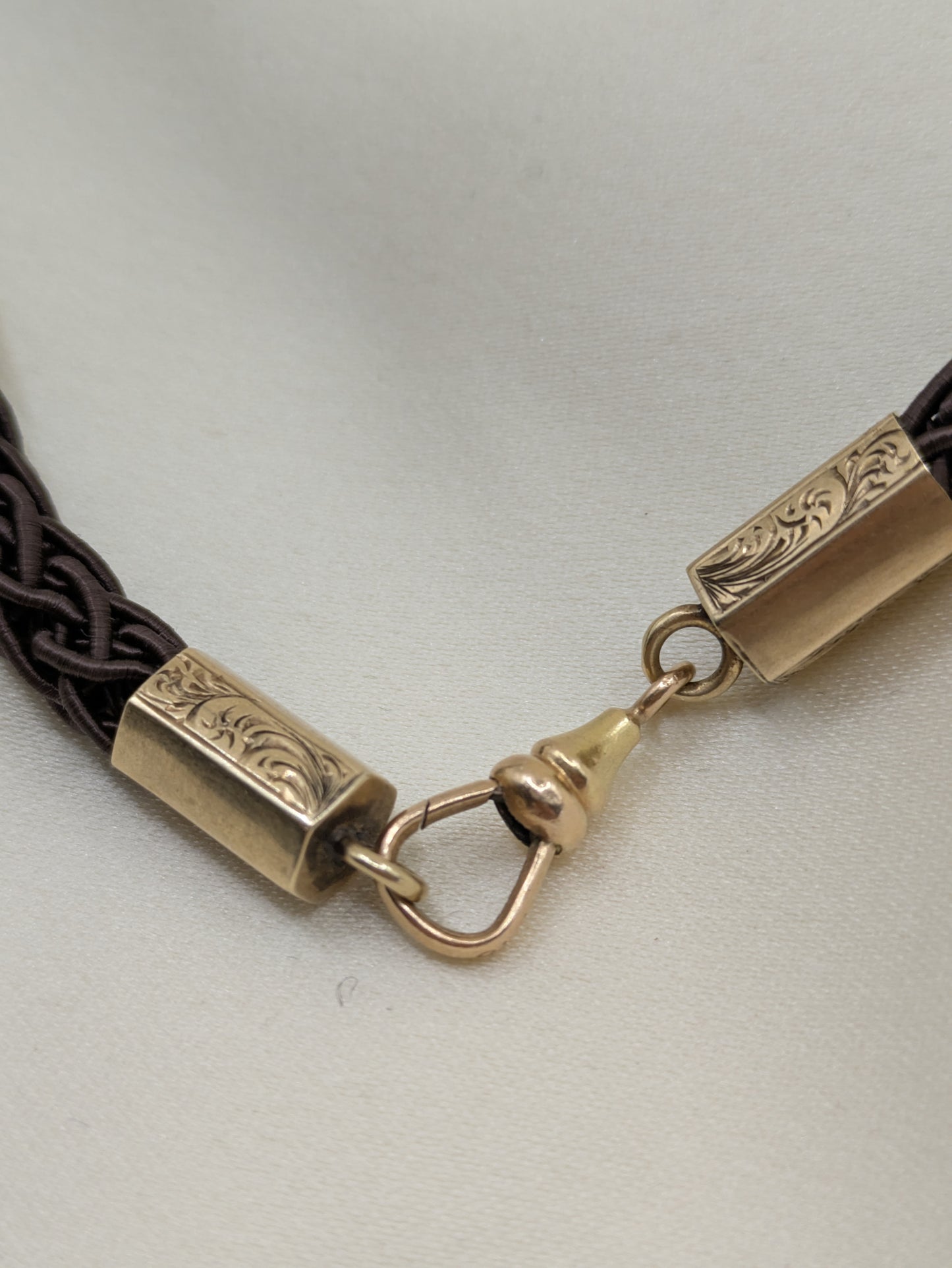 Victorian 14k gold engraved end caps and slide with dog clip and new cord necklace