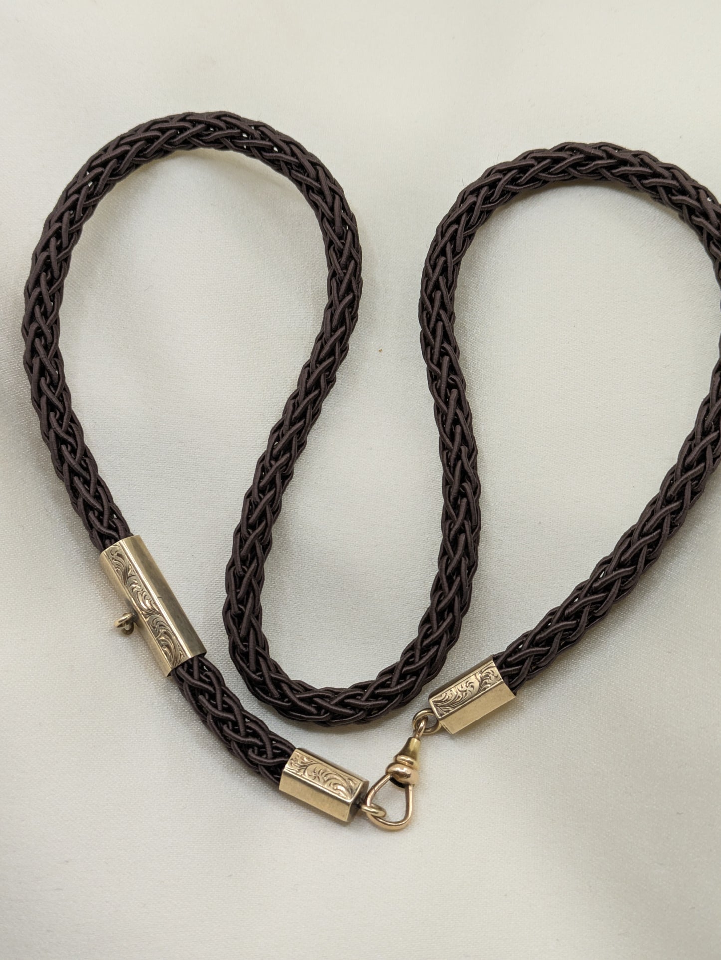 Victorian 14k gold engraved end caps and slide with dog clip and new cord necklace