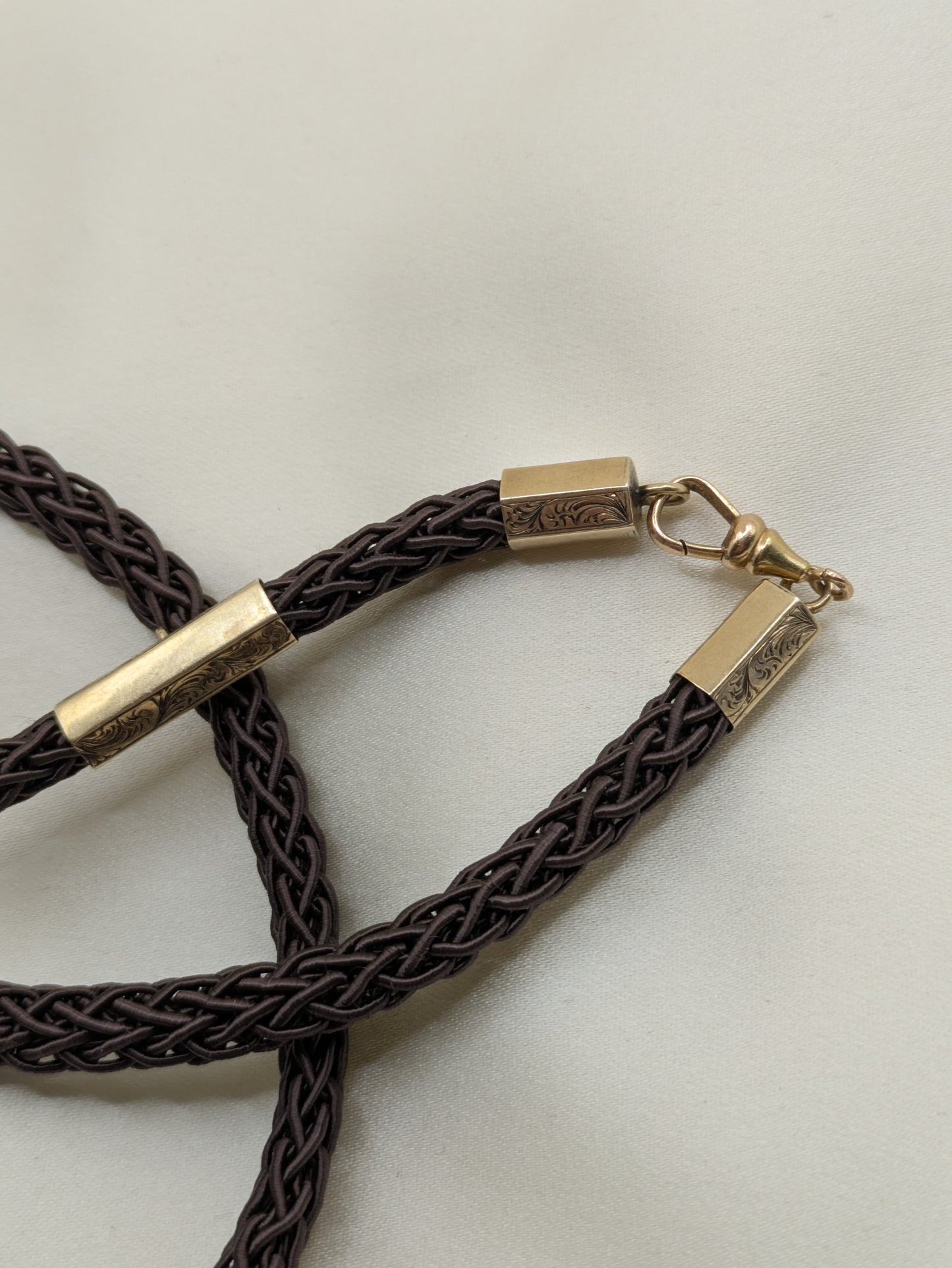 Victorian 14k gold engraved end caps and slide with dog clip and new cord necklace