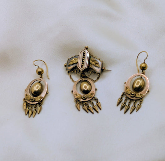 Victorian Demi Parure Earrings and Brooch 14k Yellow Gold with Green Gold Accents