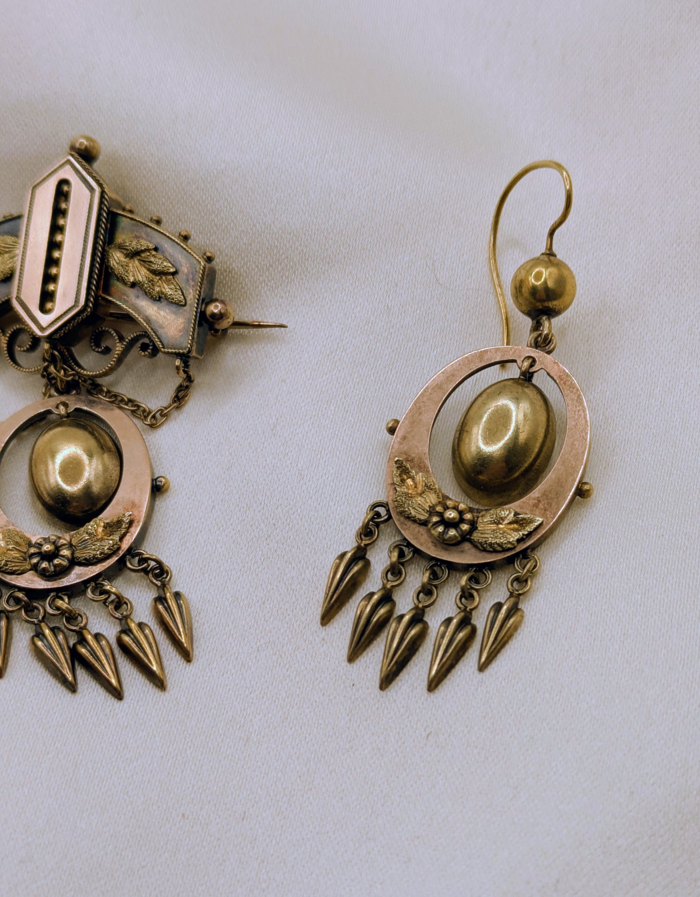 Victorian Demi Parure Earrings and Brooch 14k Yellow Gold with Green Gold Accents