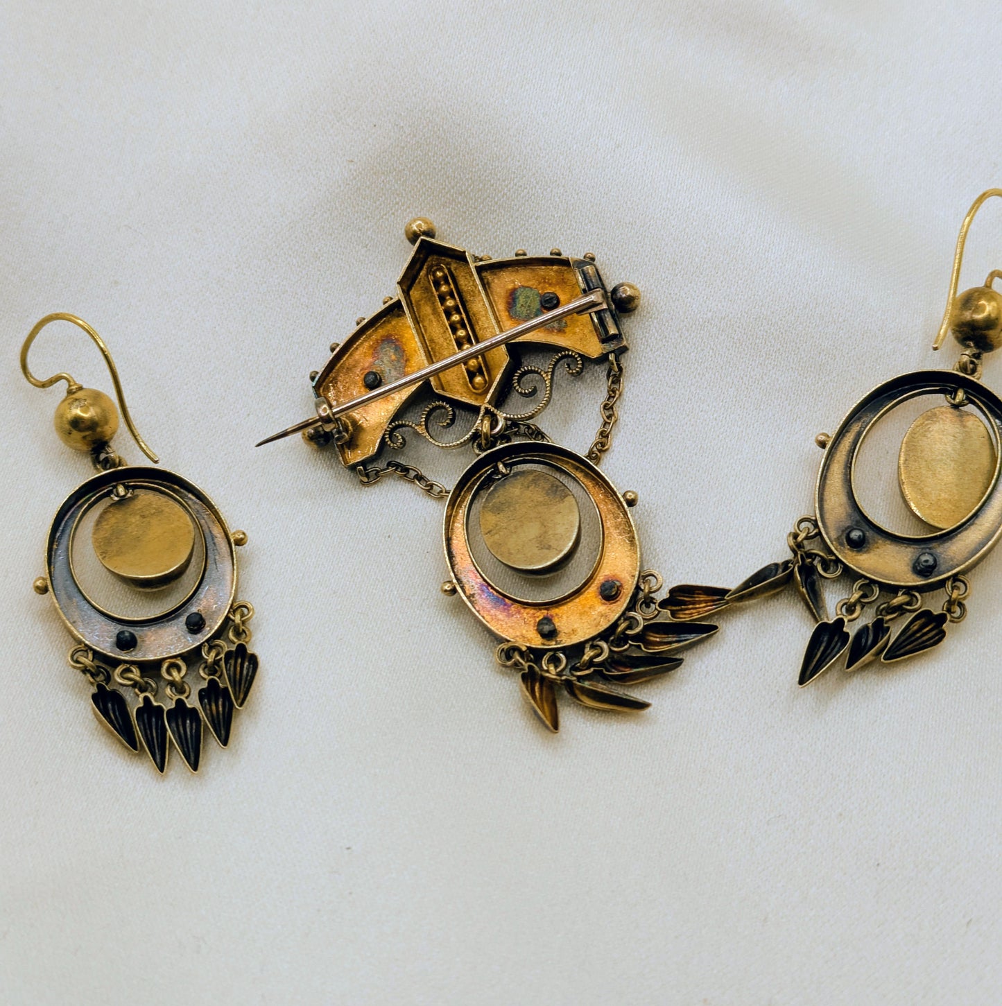 Victorian Demi Parure Earrings and Brooch 14k Yellow Gold with Green Gold Accents
