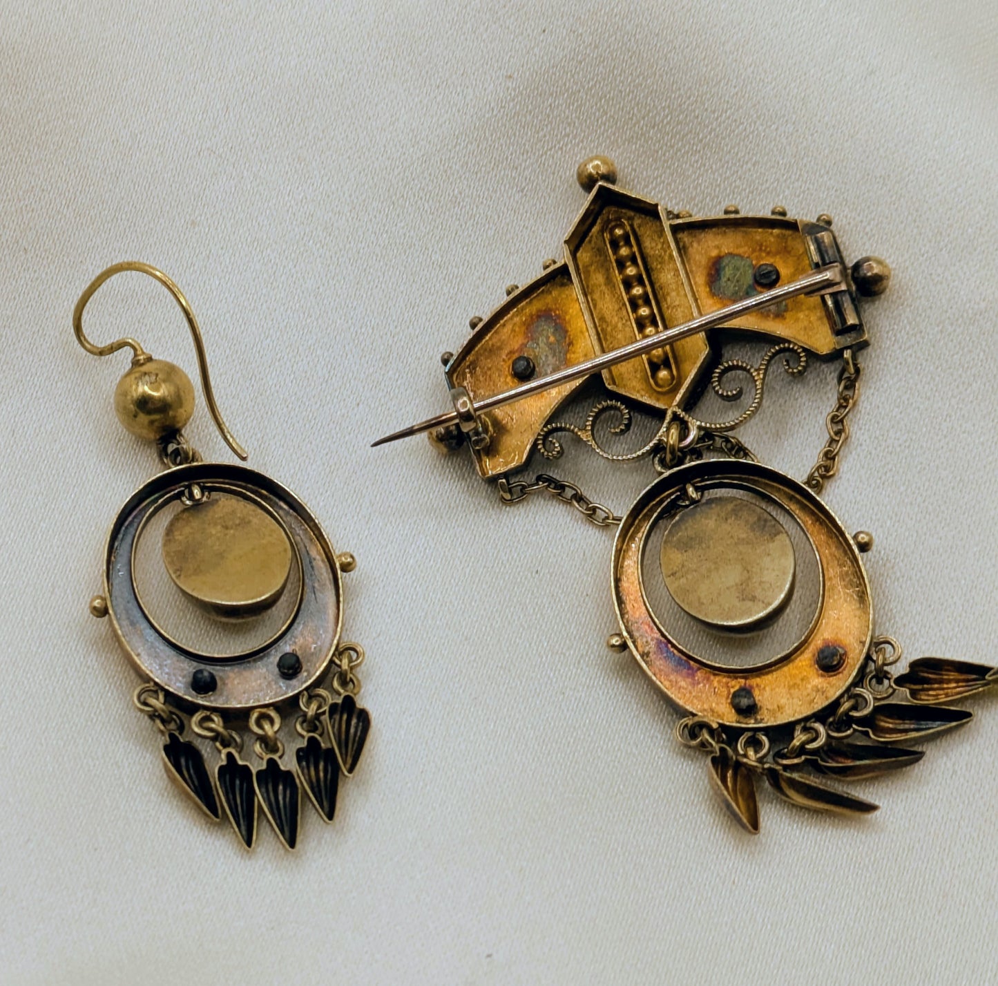 Victorian Demi Parure Earrings and Brooch 14k Yellow Gold with Green Gold Accents