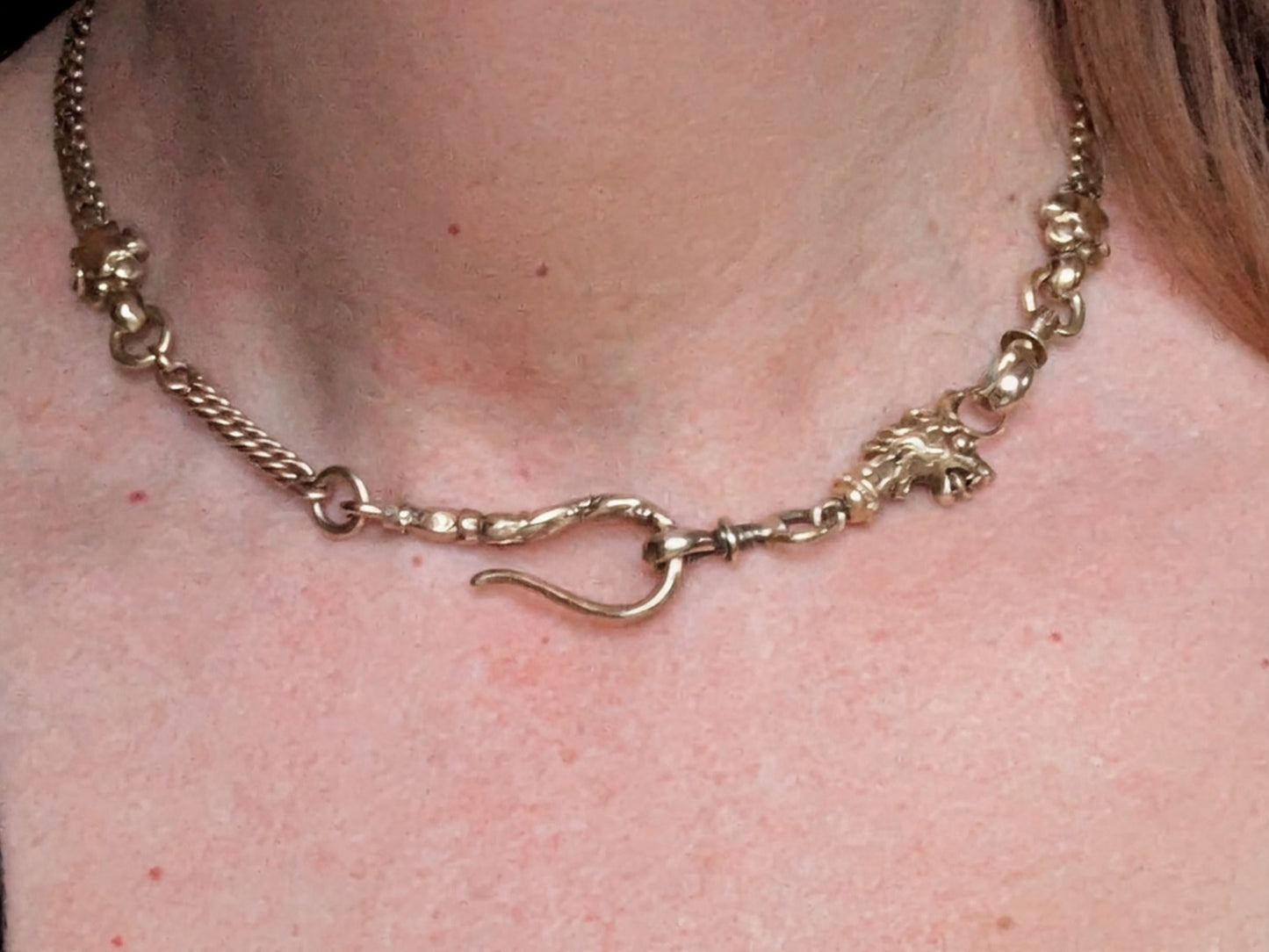 Fabulous Victorian Gargoyle Watch Chain 9k solid gold chain and 12k heavy gold shell and gold filled additions