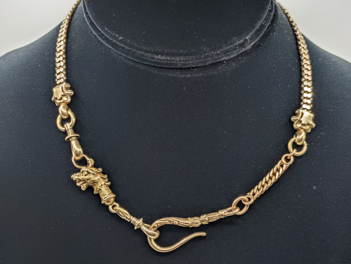 Fabulous Victorian Gargoyle Watch Chain 9k solid gold chain and 12k heavy gold shell and gold filled additions