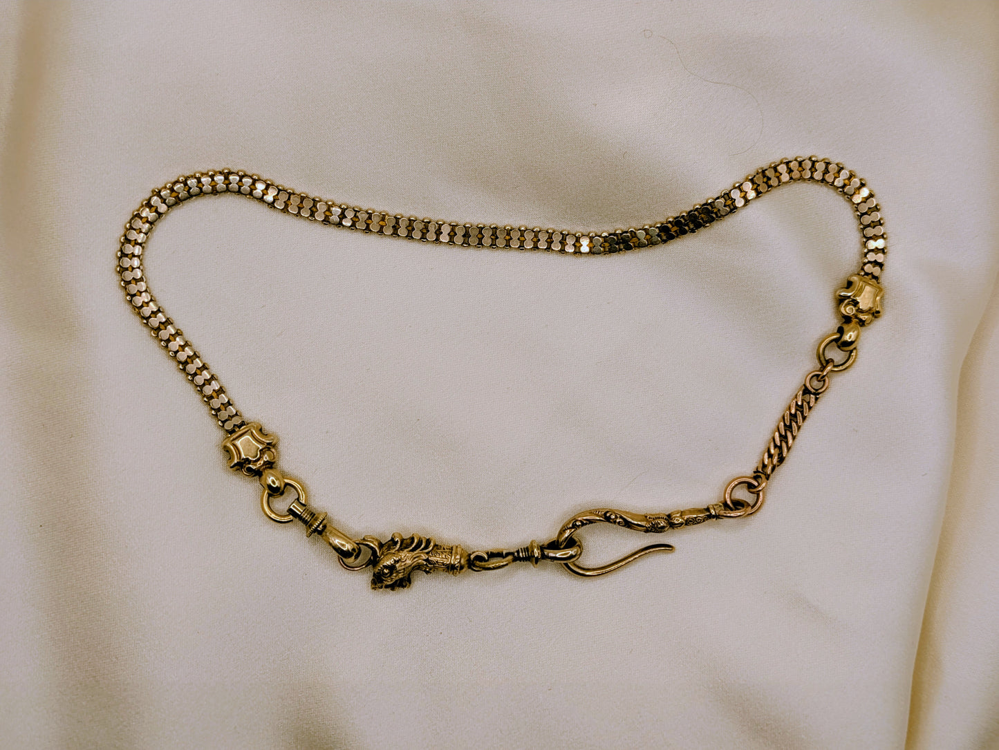 Fabulous Victorian Gargoyle Watch Chain 9k solid gold chain and 12k heavy gold shell and gold filled additions