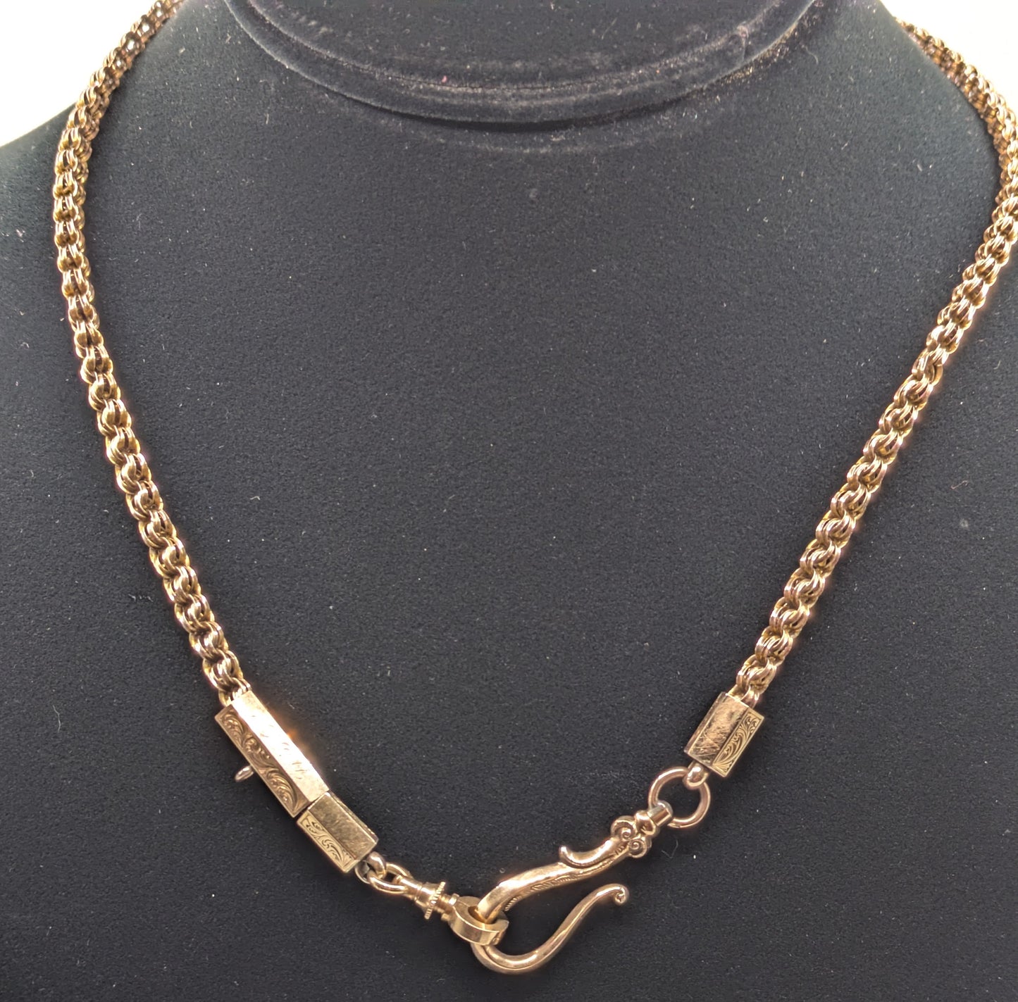 Victorian Watch Chain Necklace with dated Christmas 1878 charm holder, watch hook