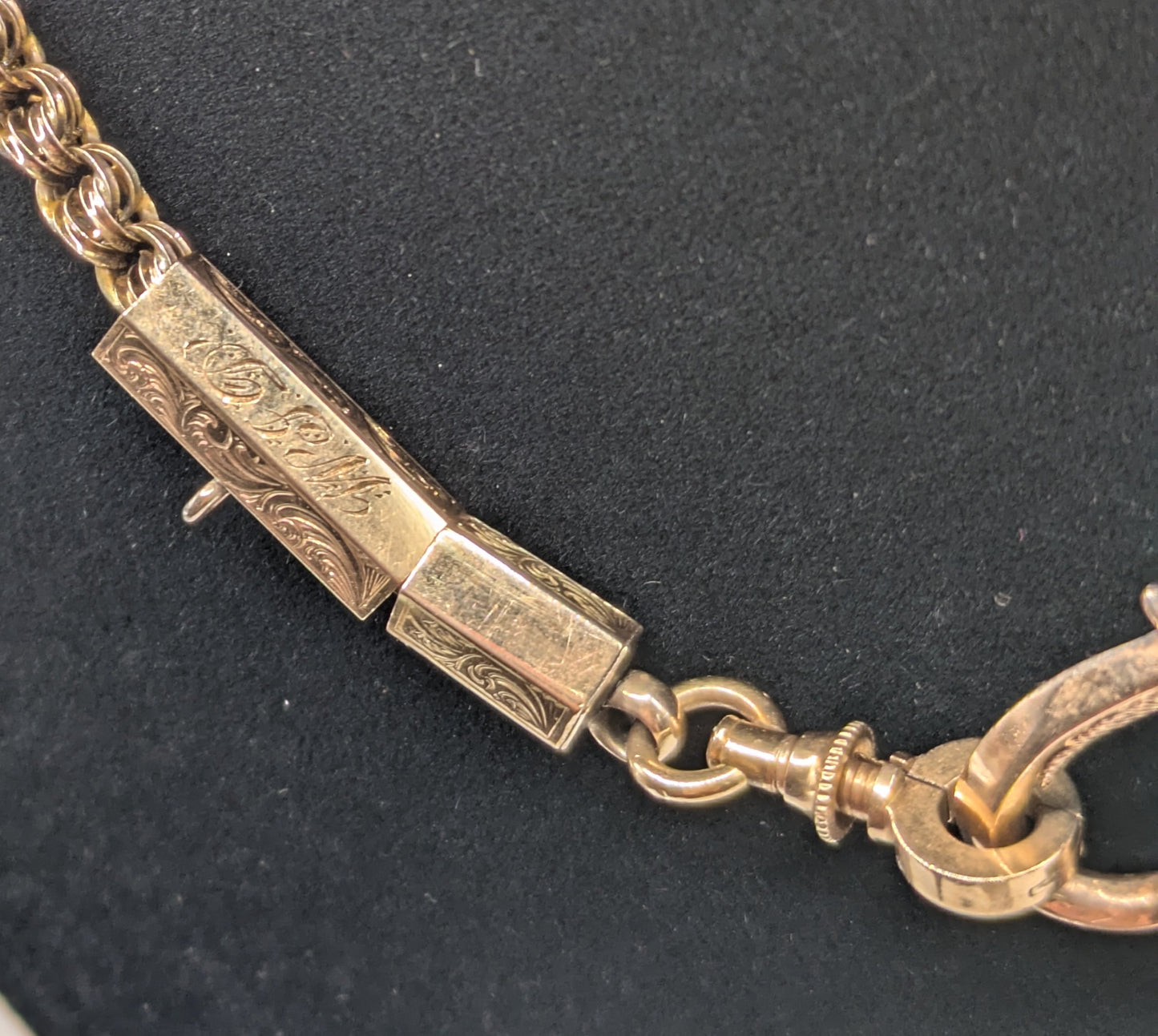 Victorian Watch Chain Necklace with dated Christmas 1878 charm holder, watch hook