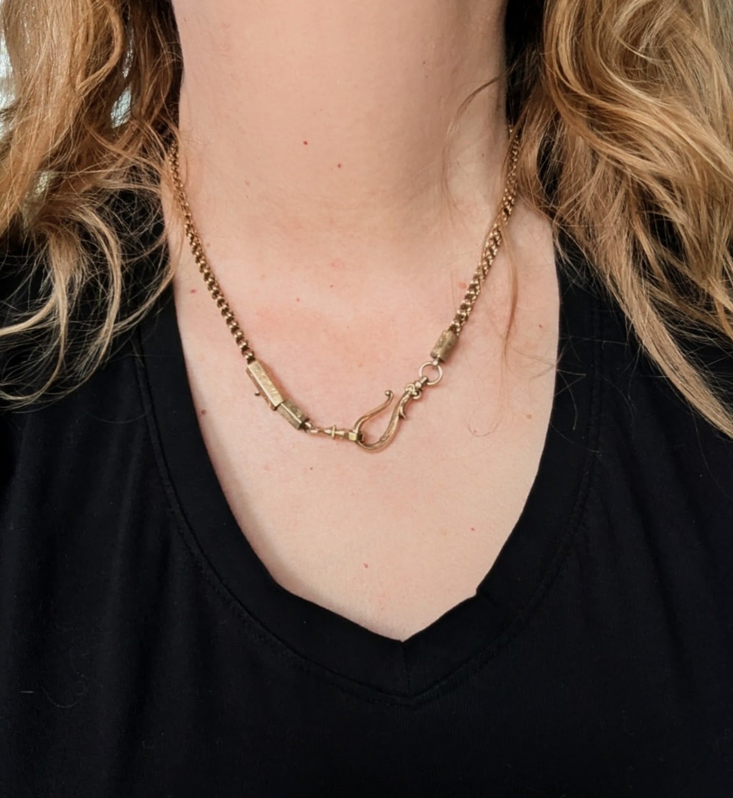 Victorian Watch Chain Necklace with dated Christmas 1878 charm holder, watch hook